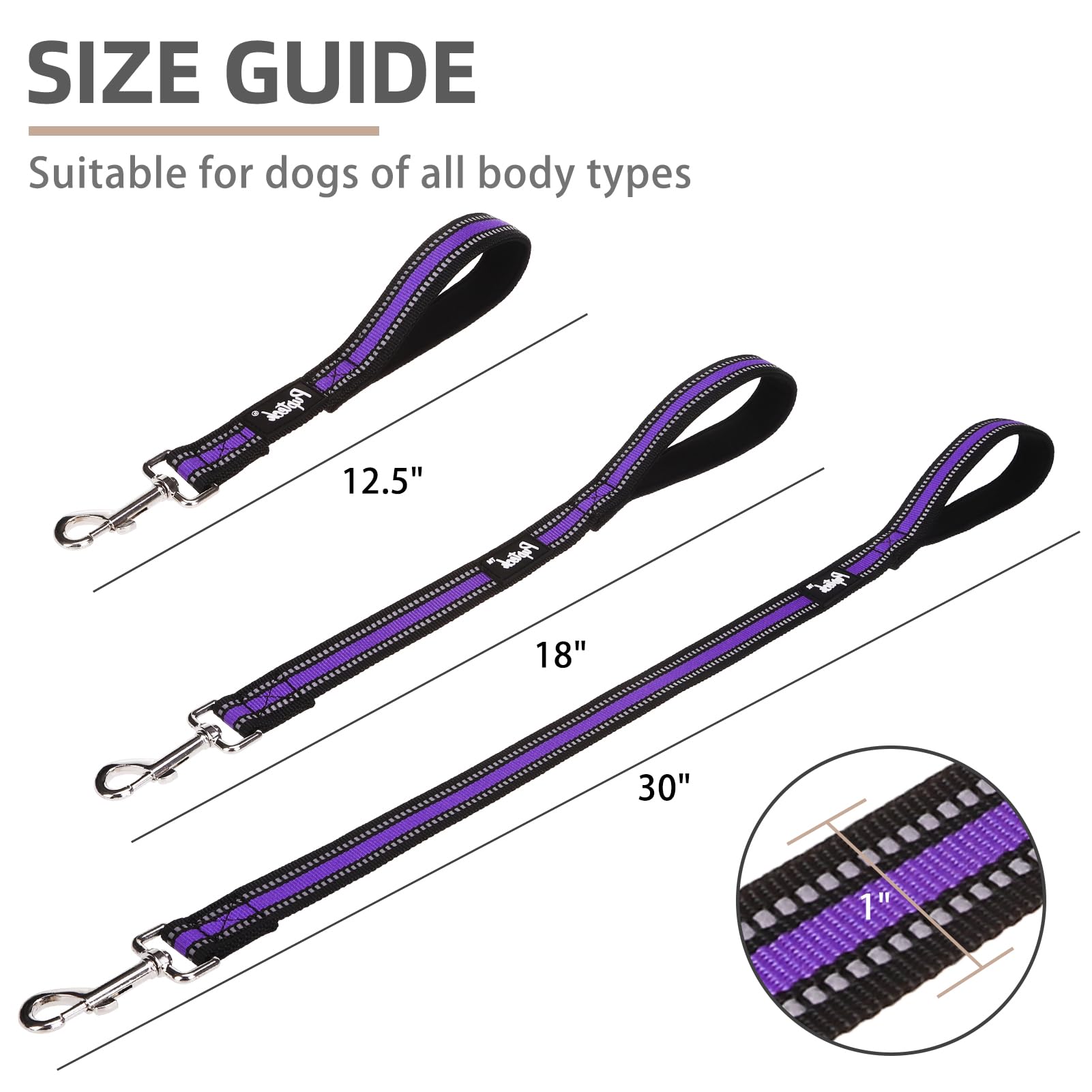 Pupteck Reflective Short Dog Leashes - 3 Packs 2.5Ft/ 1.5Ft/ 1Ft Nylon Leash With Strong Clip, Soft Padded Handle, Durable Train