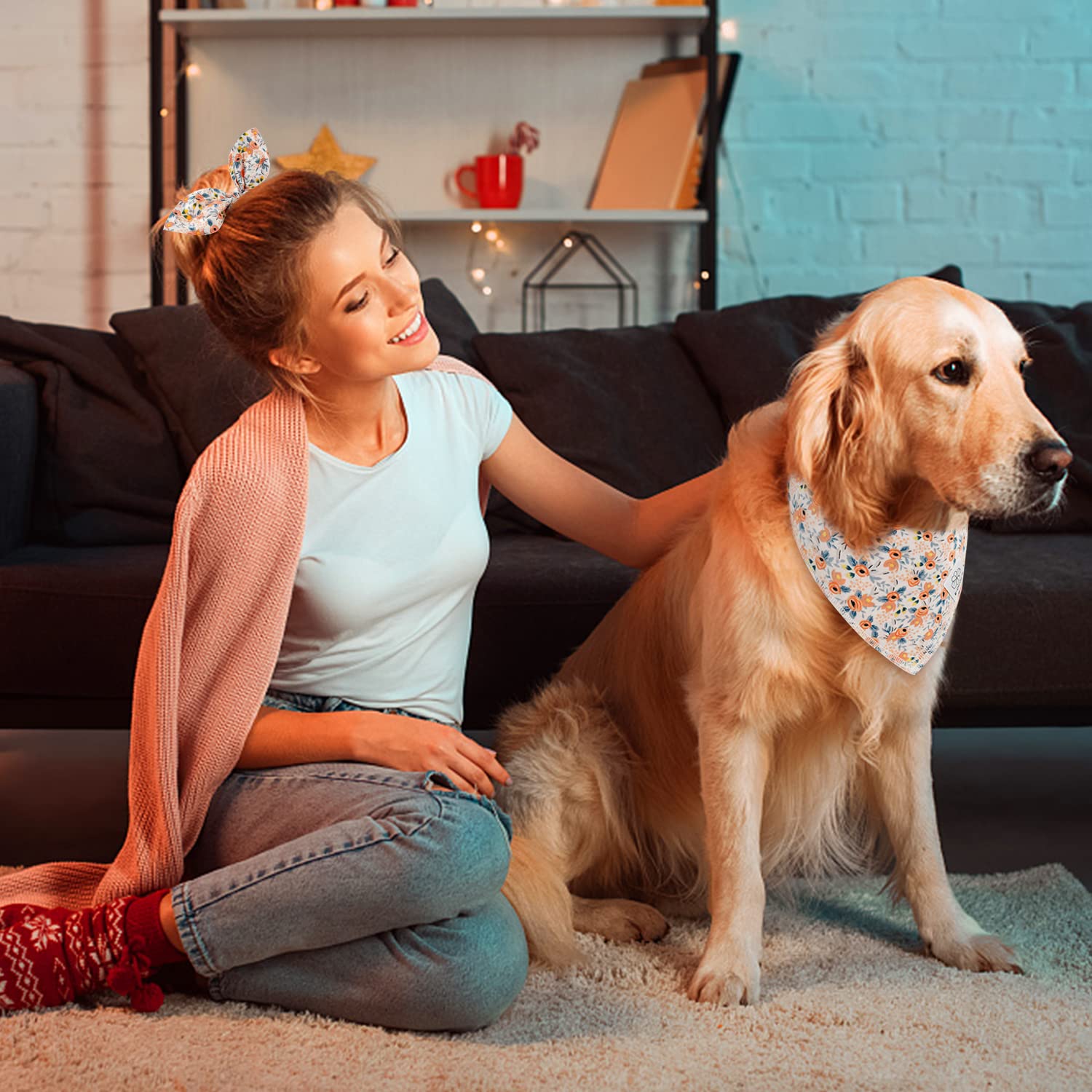 Dog Bandanas & Matching Scrunchie Set Flower Dog Scarf Bibs Girl Pet Bandana With Bow Tie For Medium Large Dogs Owner Mom Gift