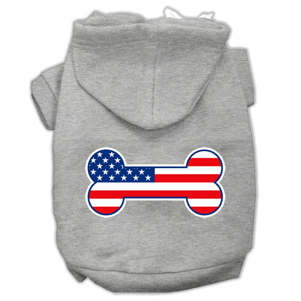 Pet Dog & Cat Hoodie Screen Printed, 'Bone Shaped American Flag' Gray Xs (0-3 Lbs.)