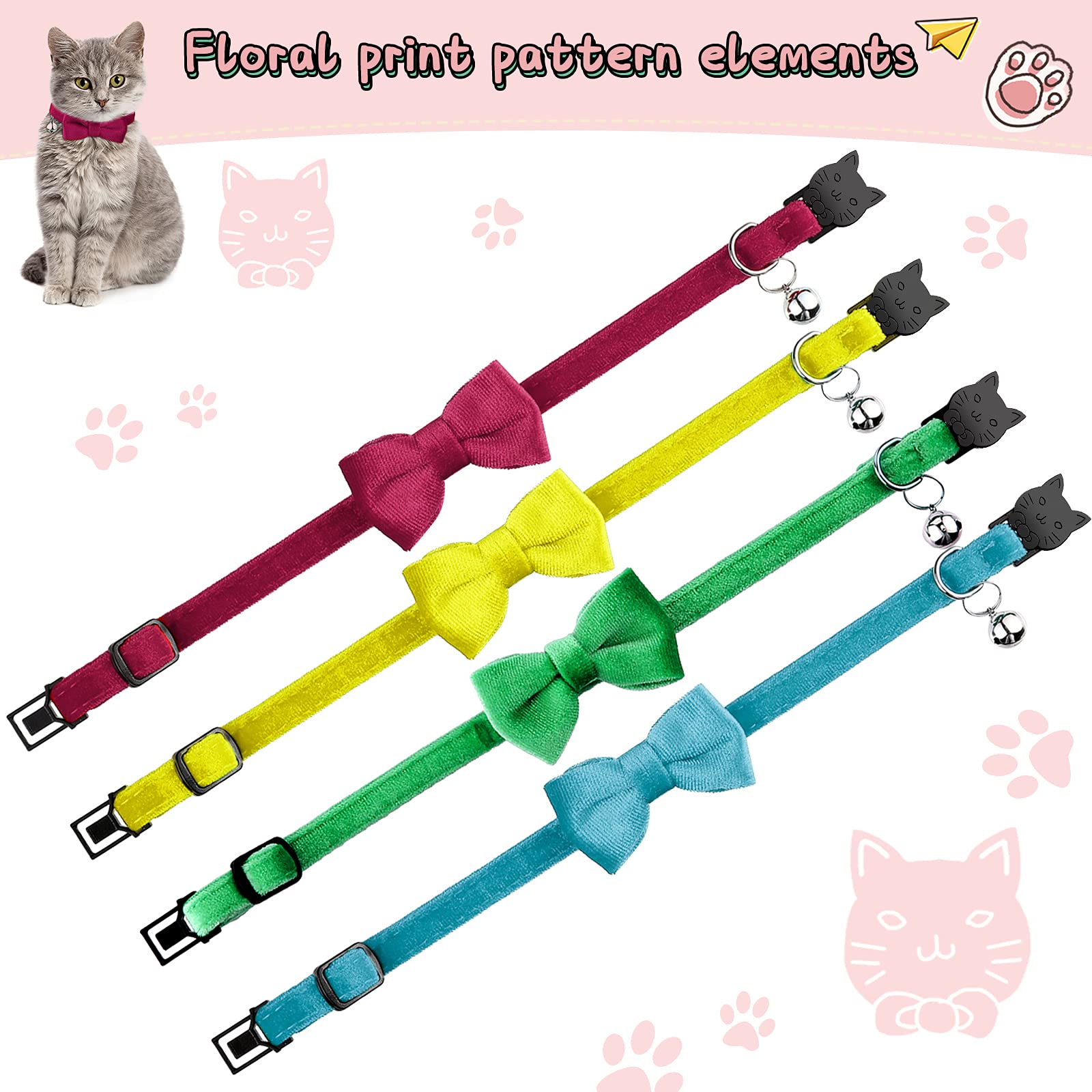 4 Pieces Cat Bow Tie Collar With Bell Breakaway Cat Comfortable Velvet With Cute Safety Pet Collar For Pet Kitten Puppy(Small,Ye