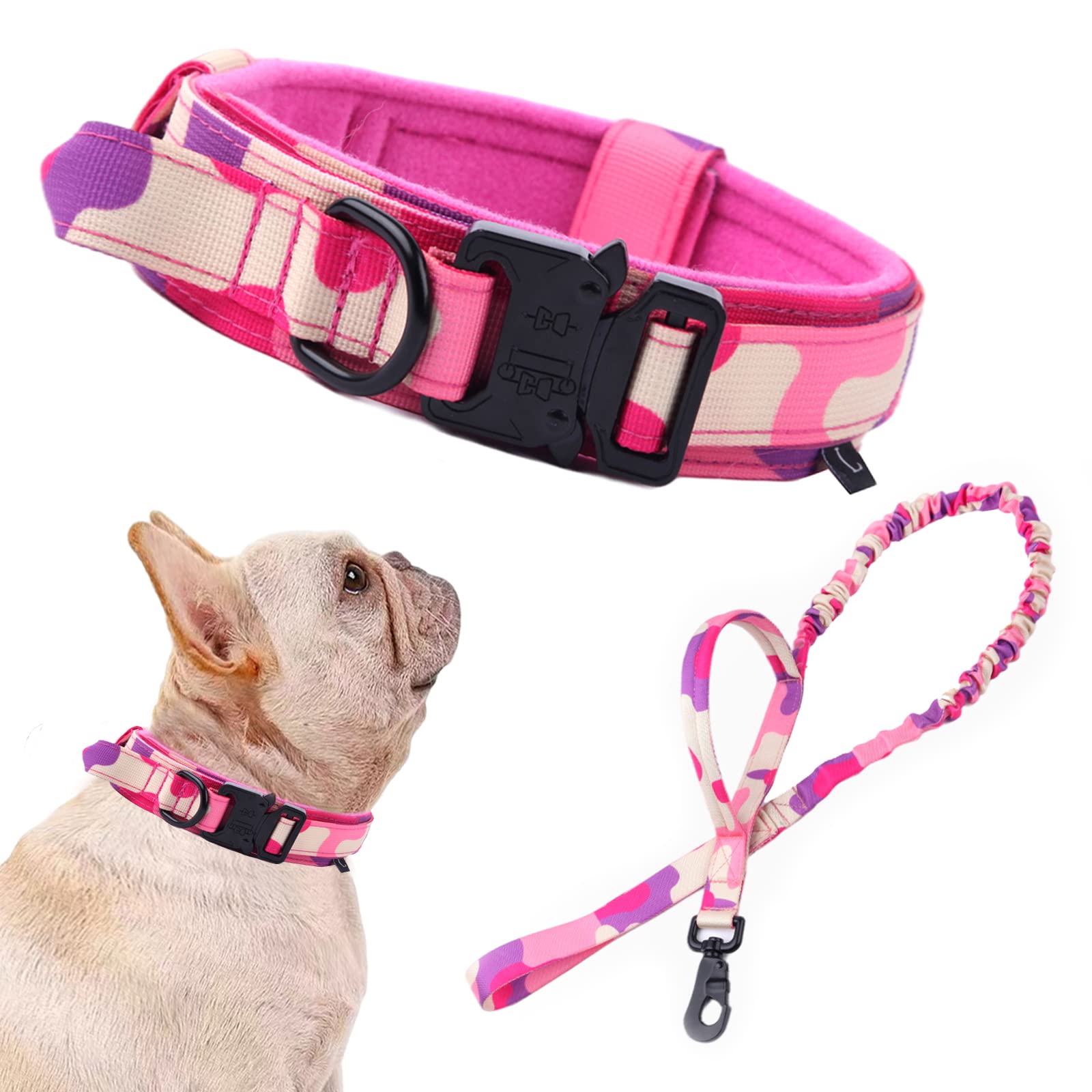 Tactical Dog Collar And Leash Set Tactical Dog Collar With Handle Bungee Leash Adjustable Military Training Nylon Collar Dog Training Collar Leash Set With Control Handleand Metal Buckle(Pink Camo S