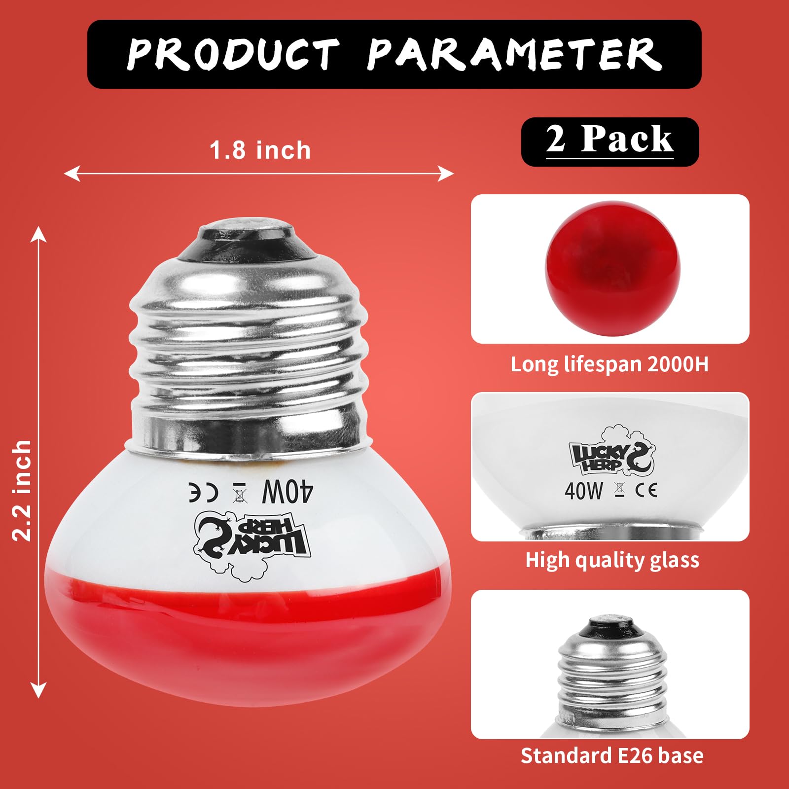 LUCKY HERP Infrared Heat Lamp, 40W Reptile Heat Lamp 2 Pack Red Heat Lamp Bulbs, Infrared Basking Spot Heat Light Bulb, Amphibia