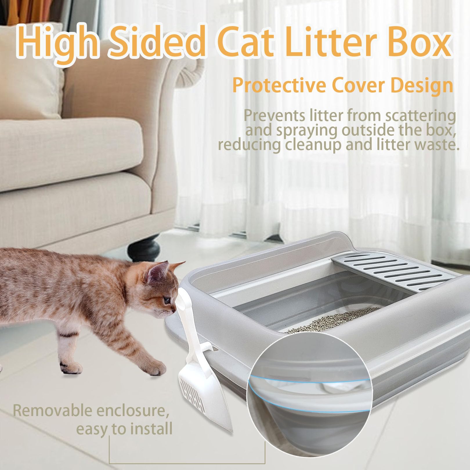 Collapsible Kitten Litter Box, Open High Sided Cat Potty Pan With Scoop Shallow Cat Toilet Anti-Splashing Low Entrance Travel Li