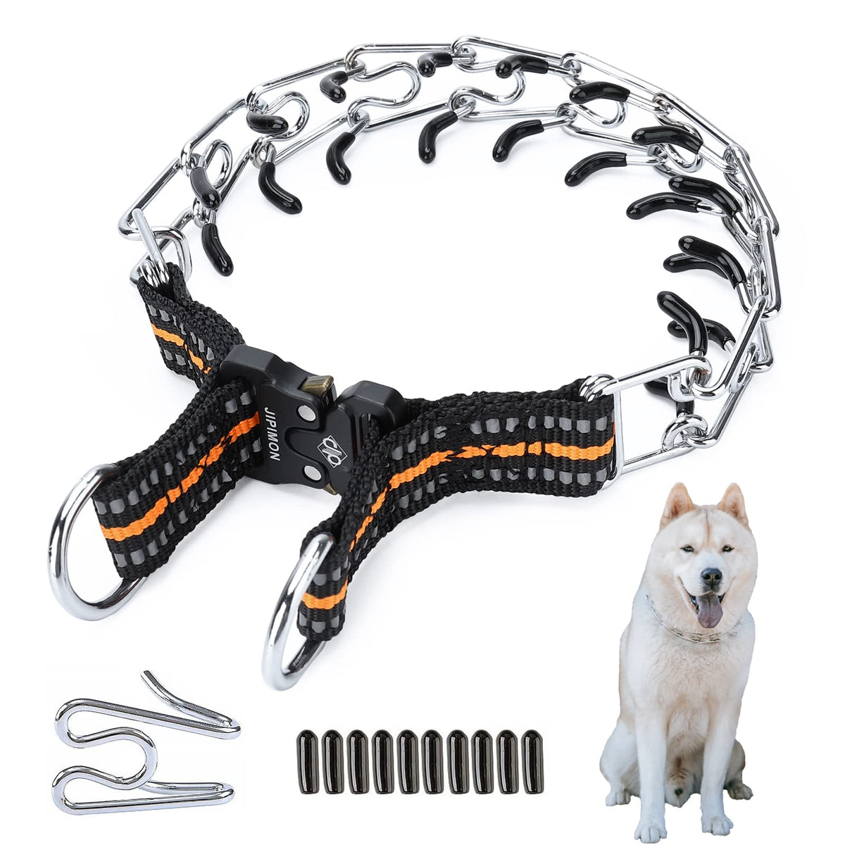 Jipimon Prong Collar For Dogs Adjustable No Pull Dog Choke Pinch Training Collar With Comfortable Rubber Tip For Small Medium Large Dogs (Small, Orange)