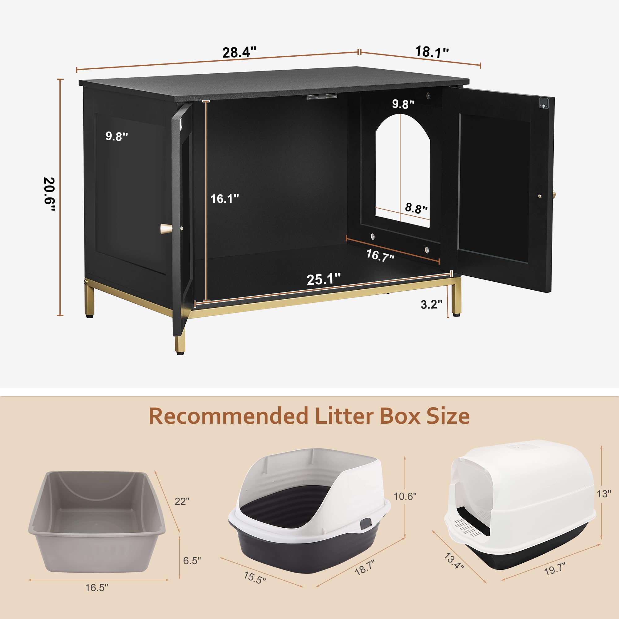 Homhedy Cat Litter Box Enclosure - Modern Black & Gold Pet House, Engineered Wood, 28.3"L x 17.7"W x 21.7"H, Model CL
