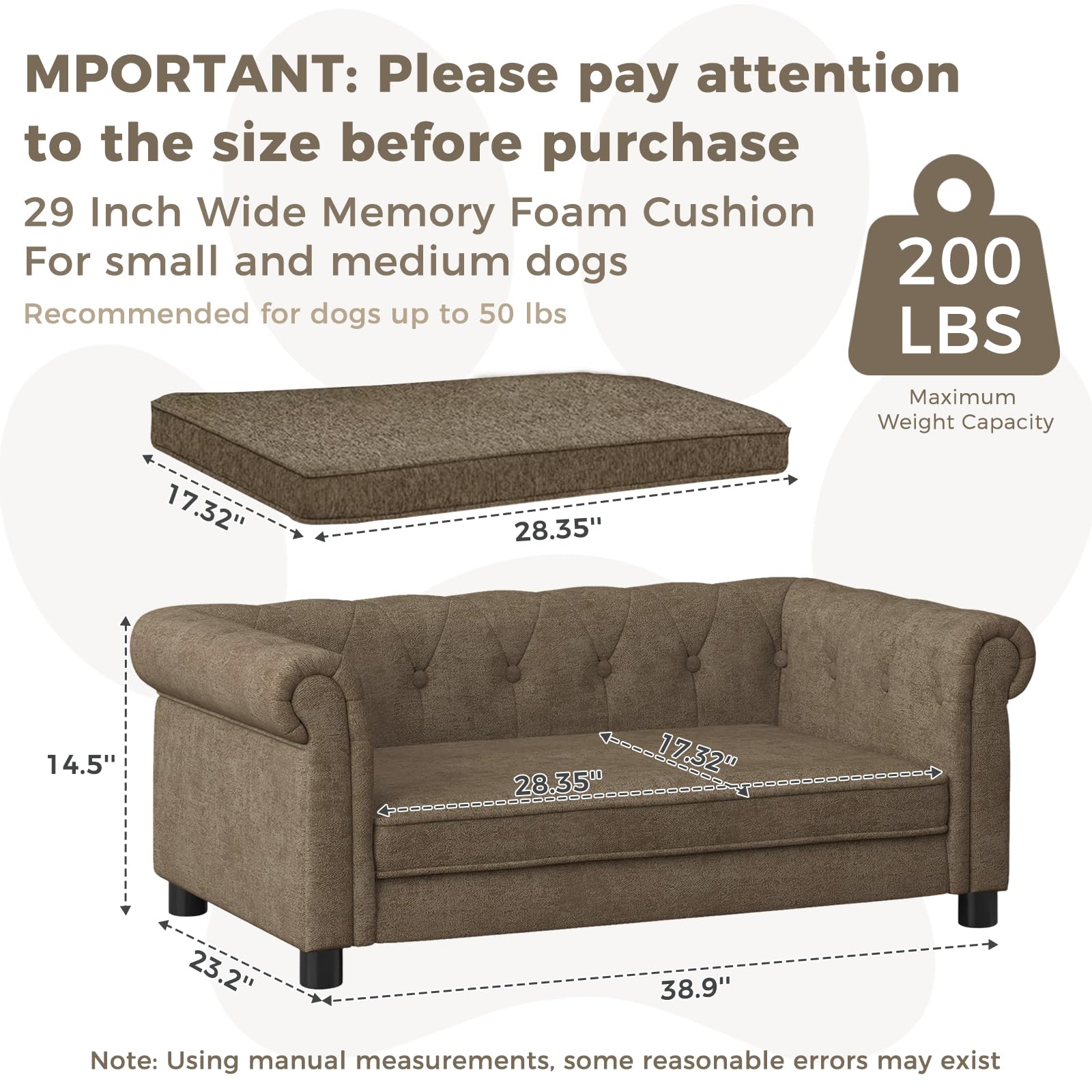 Xungsun Couch For Medium Dogs Up To 50 Lbs, 29 W Memory Foam Pet Sofa With Dry Cleanable Fabric, Elevated Pet Couch Bed With L