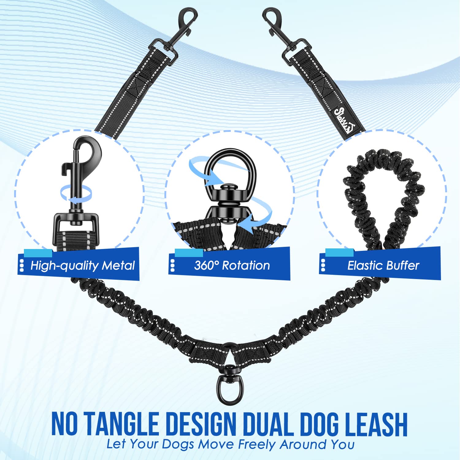 Lukovee Double Dog Leash, No Tangle - 360 Swivel Heavy Duty Reflective Lead For 2 Dogs With Two Padded Handles Dual Dog Splitter