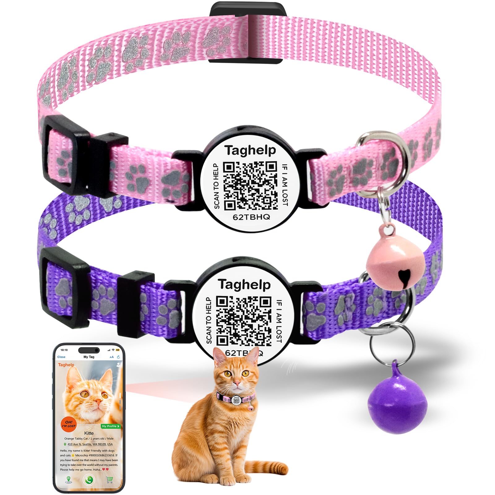 2 Pack Cat Collar Smart Id Tag With Bells, Reflective Cat Collars Breakaway With Qr Code, Adjustable Kitten Collar With Name Tag
