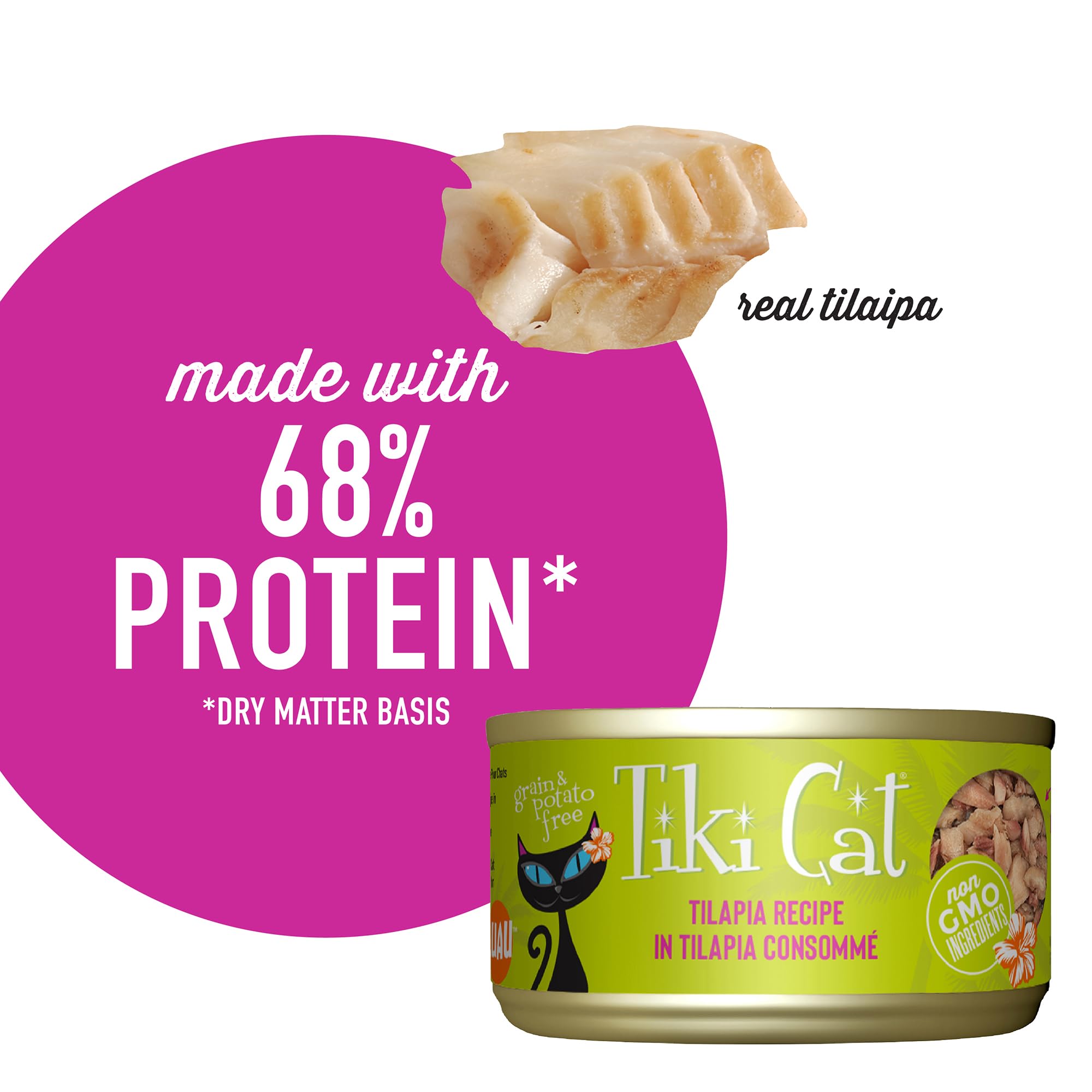 Tiki Cat Luau Shredded Meat, Tilapia Recipe in Tilapia Consumme, Grain-Free Balanced Nutrition Wet Canned Cat Food, For All Life