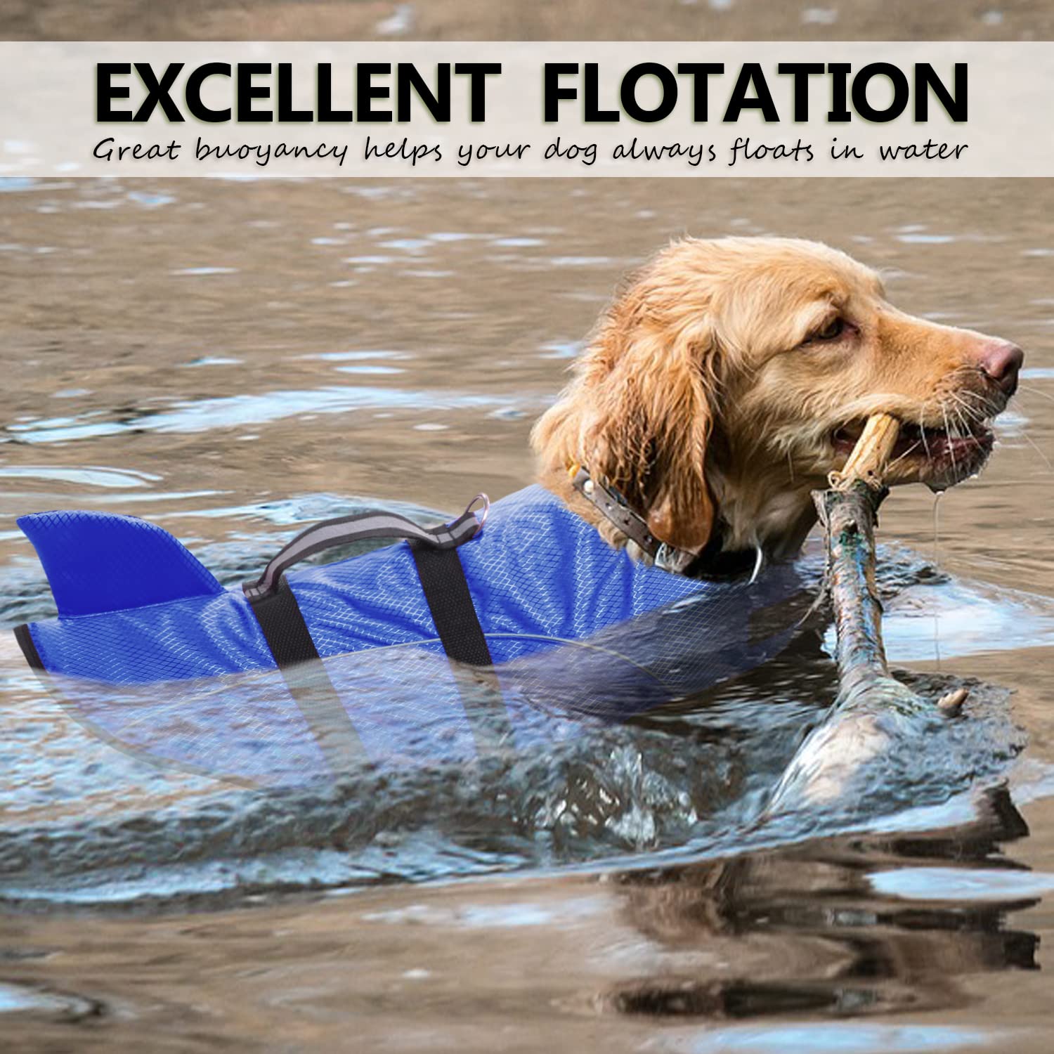 Ripstop Dog Life Jacket Shark Life Vest For Dogs, Safety Lifesaver With High Buoyancy And Lift Handle For Small And Medium Breeds(Blue L)