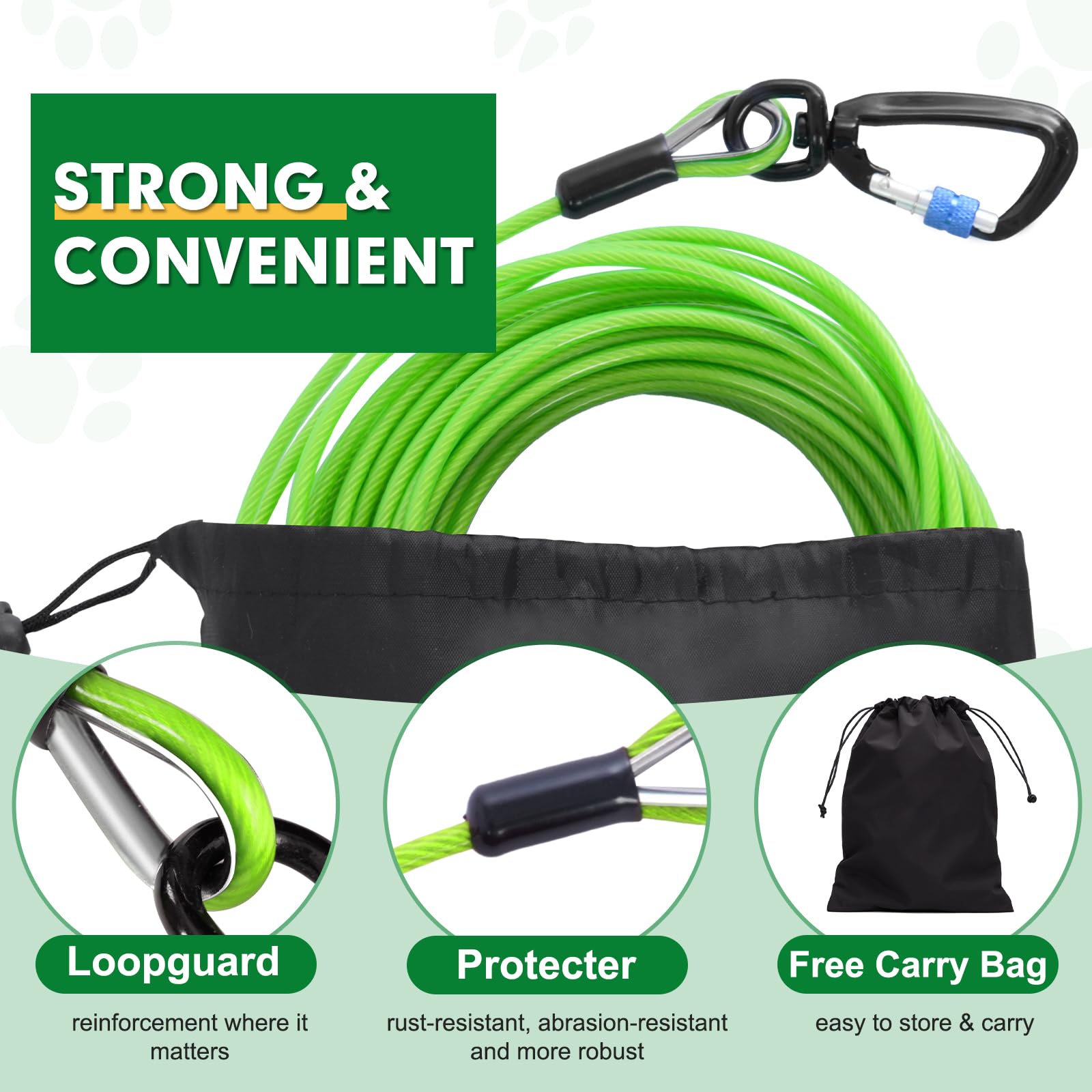 Snagle Paw Dog Leads For Yard 70Ft-1000Lbs Break Strength,Heavy Duty Tie Out Cable For Dogs With Swivel Lockable Hook & Spring,C