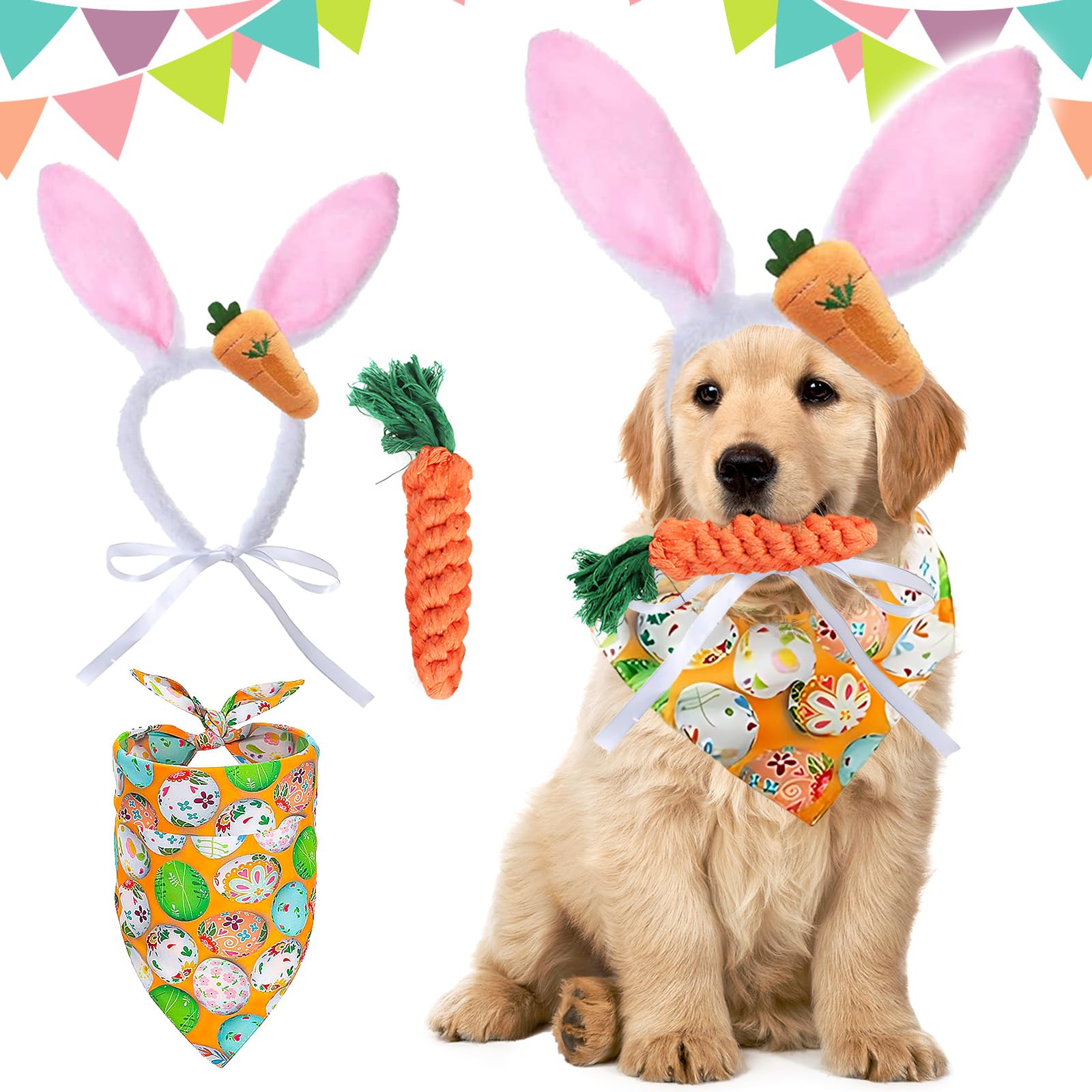 4 Pcs Easter Dog Bunny Costumes, Dog Bunny Ears Headband Easter Eggs Themed Pattern Bandana For Small Middle Dogs