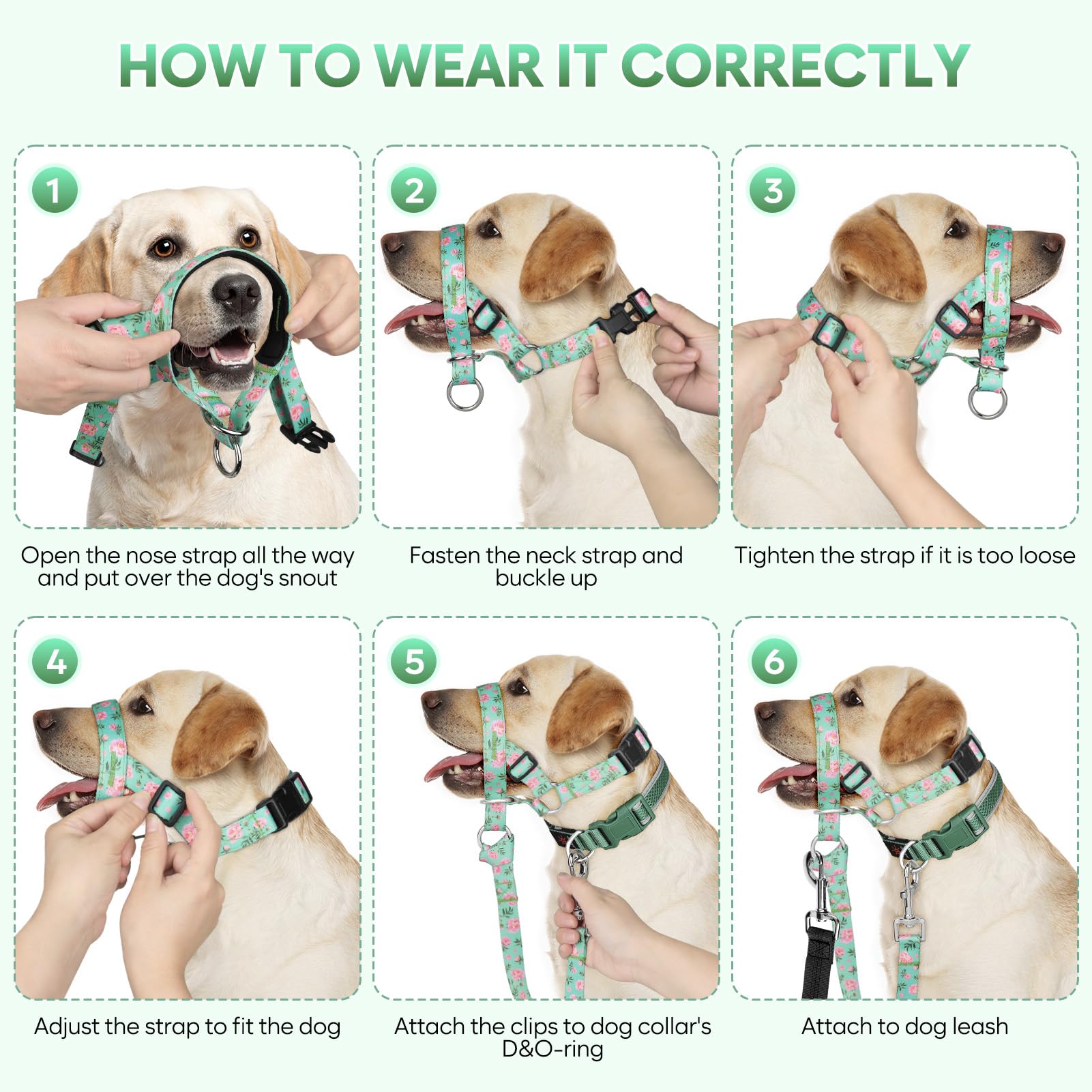 Ezierfy Dog Head Collar, Printed No-Pull Headcollar, Adjustable Dog Head Halter Gentle Lead With Safety Link, 3 Colors Muzzle Le
