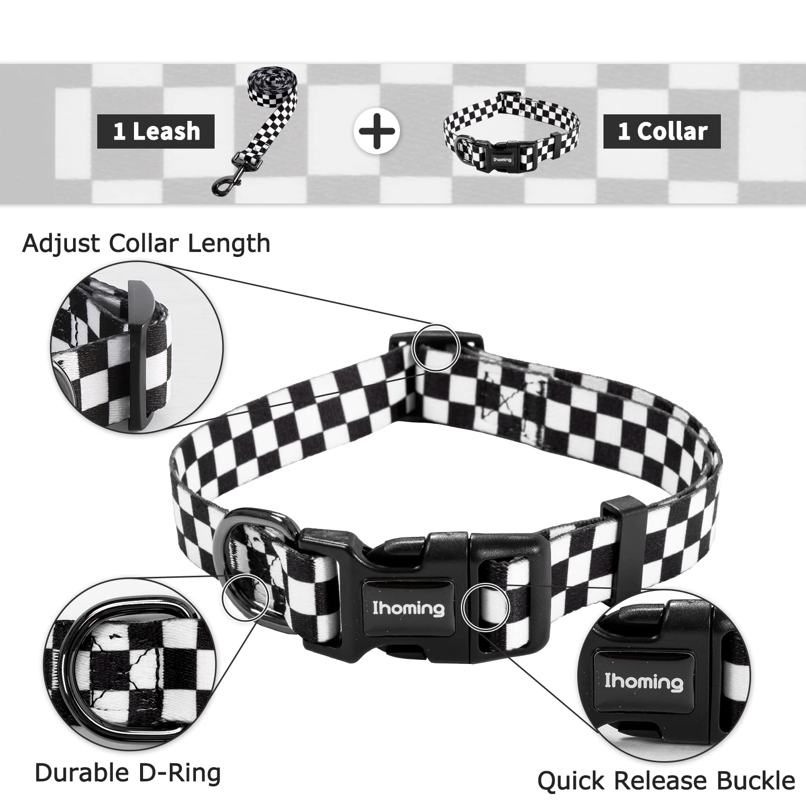 Ihoming Puppy Collar And Leash Set For Daily Outdoor Walking Running Training, Chess Board Design For Extra Small Boys Girls Dogs Cats Pets, Xs-Up To 10Lbs