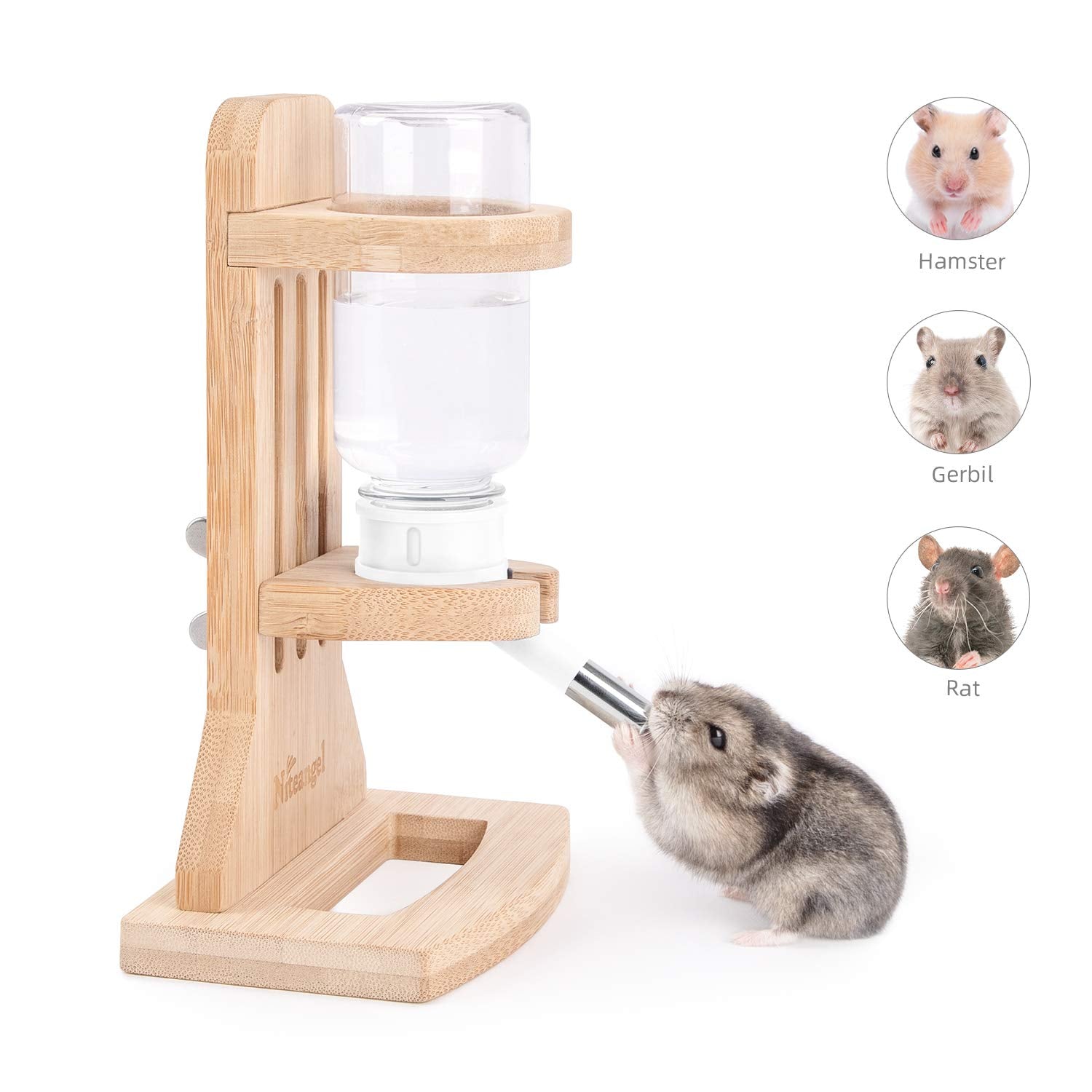 Niteangel White Water Bottle with Stand for Syrian Dwarf Hamsters, Gerbils, Mice, Rats & Degus - Small Pet Rodent Accessory
