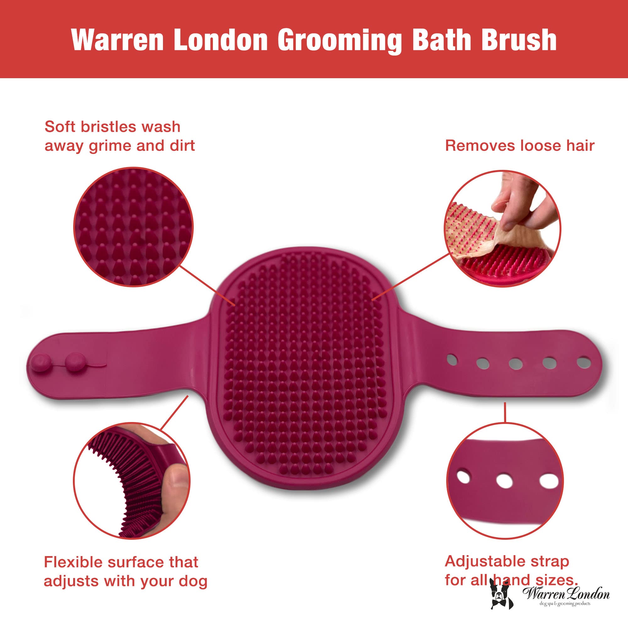 Warren London Grooming Bath Brush For Dogs And Cats - Red