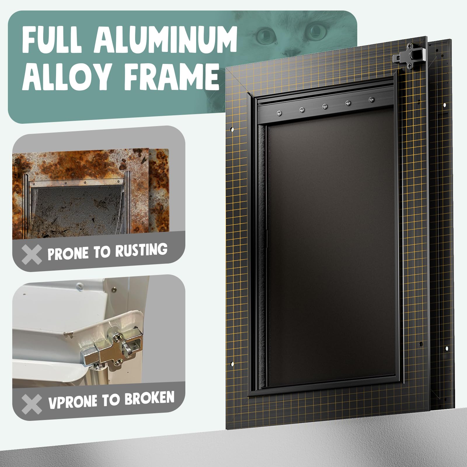 PETCOMING Aluminum Cat Door for Small Pets, Black, Heavy Duty, Insulation Flap, Model FKDD3, Ideal for Dogs and Cats Up to 22lbs