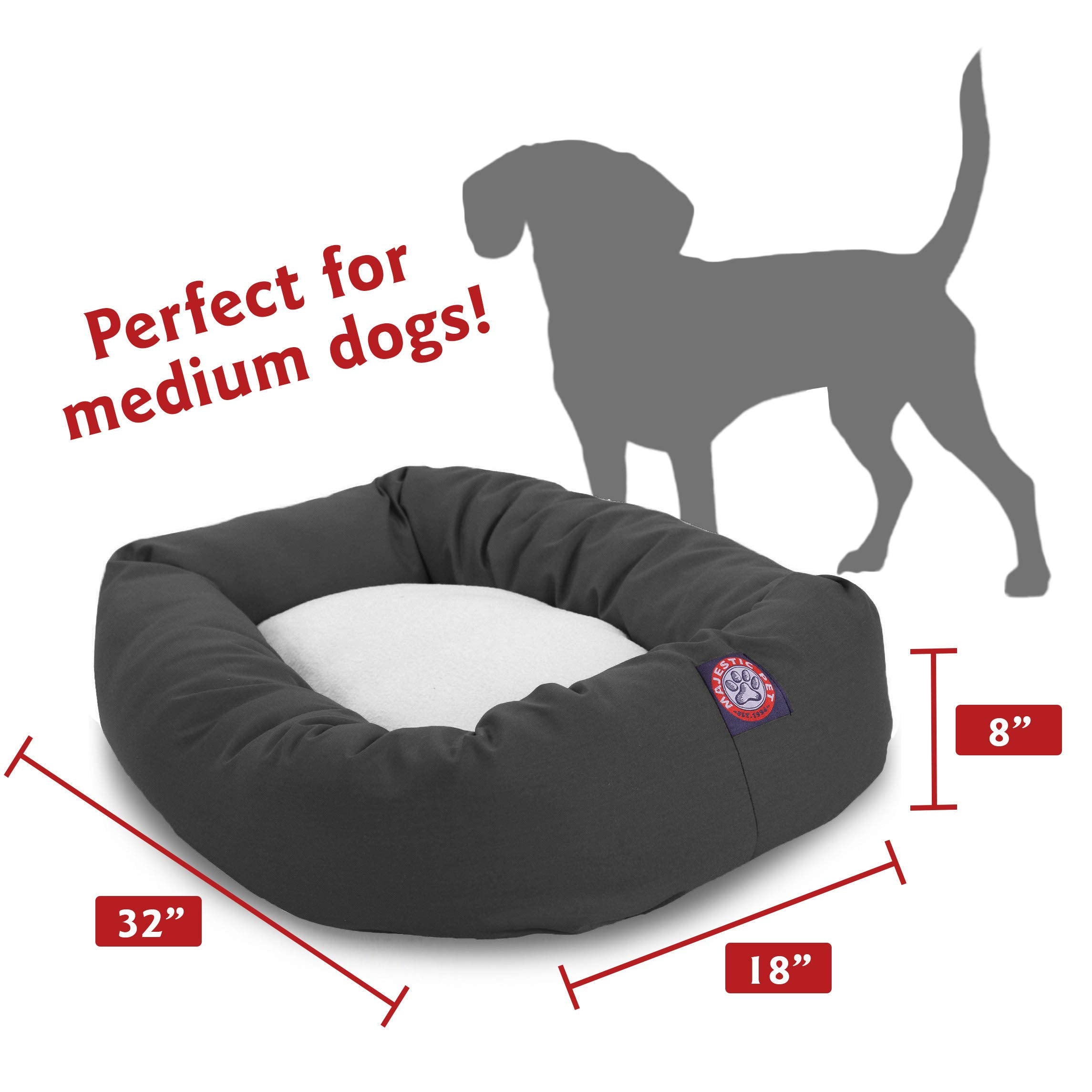 Majestic Pet 32 Inch Poly-Cotton Sherpa Calming Round Dog Bed - Washable, Soft, With Head Support - Fluffy Donut Design, Gray (3