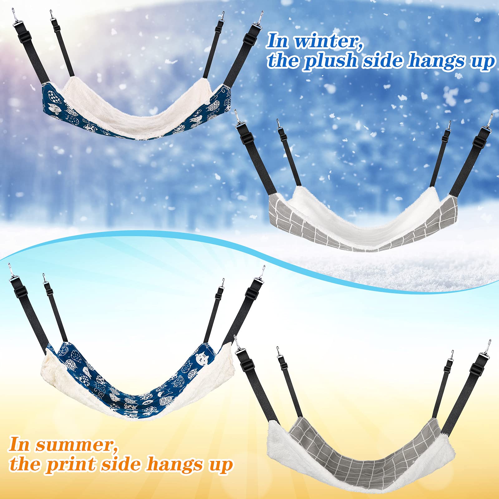 2 Pieces Reversible Cat Hanging Hammock Soft Breathable Pet Cage Hammock With Adjustable Straps And Metal Hooks Double-Sided Hanging Bed For Cats Small Dogs Rabbits (Cat And Plaid,S)