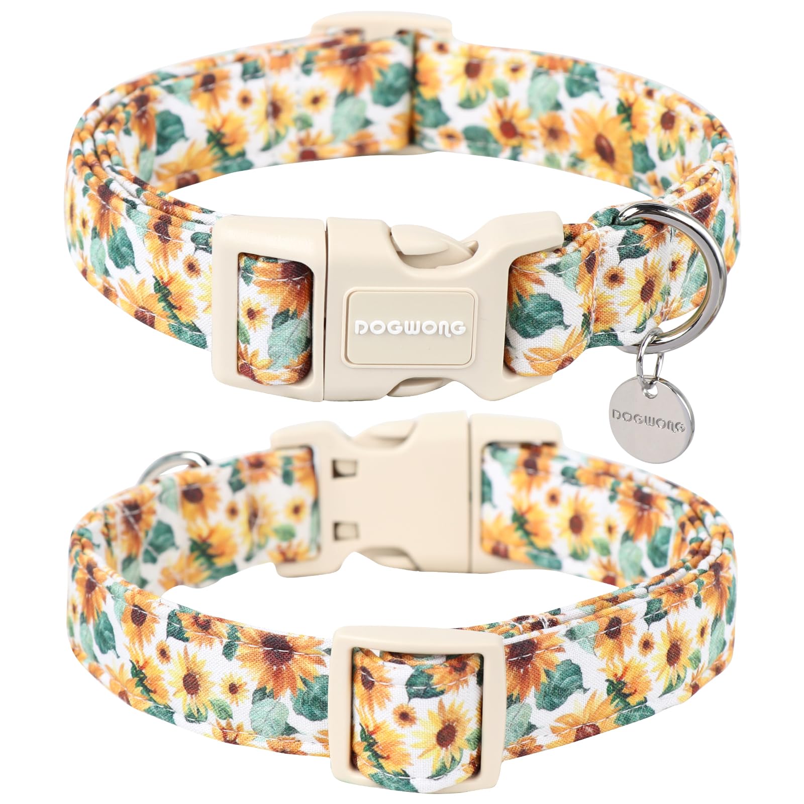 Dogwong Female Cotton Dog Collar - Sunflower Design, Durable Soft Natural Fabric Spring Collar For Small, Medium & Large Dogs