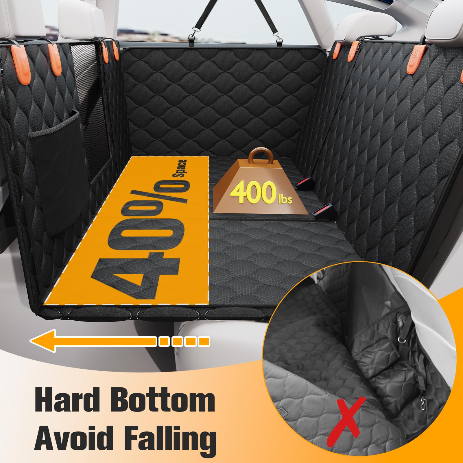 Peticon Convertible Back Seat Extender For Dogs, Dog Car Seat Cover Hard Bottom Holds 400 Lbs, Waterproof Dog Hammock Backseat P