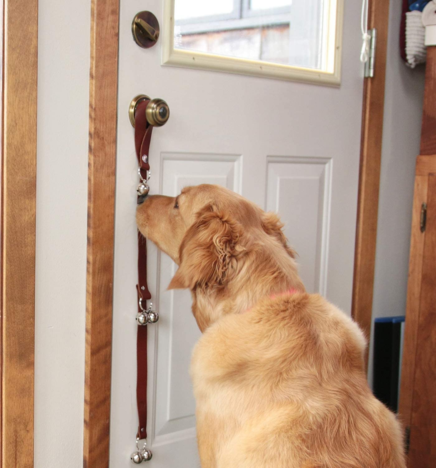 CATHYLIFE Leather Dog Doorbells for Door Knob/Potty Training/Go Outside, Length Adjustment Copper Dog Bell, Housetraining Hanging Bell, Brown Leather Golden Bells. -Like New