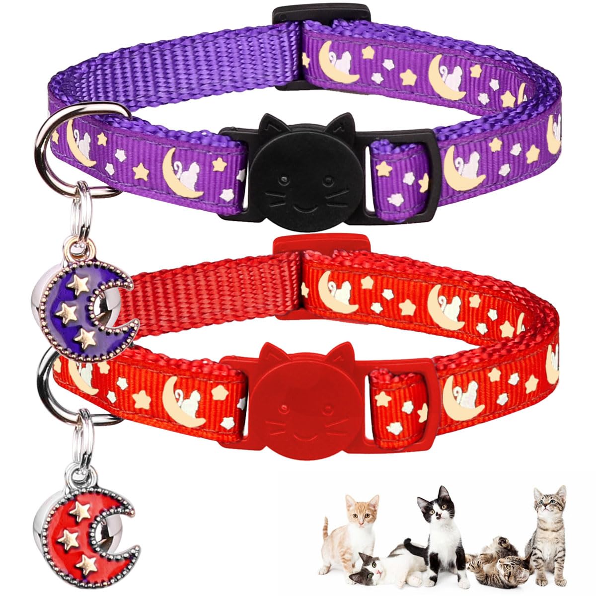 2Pcs Breakaway Cats Collars Cat Collars For Boy & Girl Cats Adjustable Kitten Collars With Bell,Purple+Scarlet
