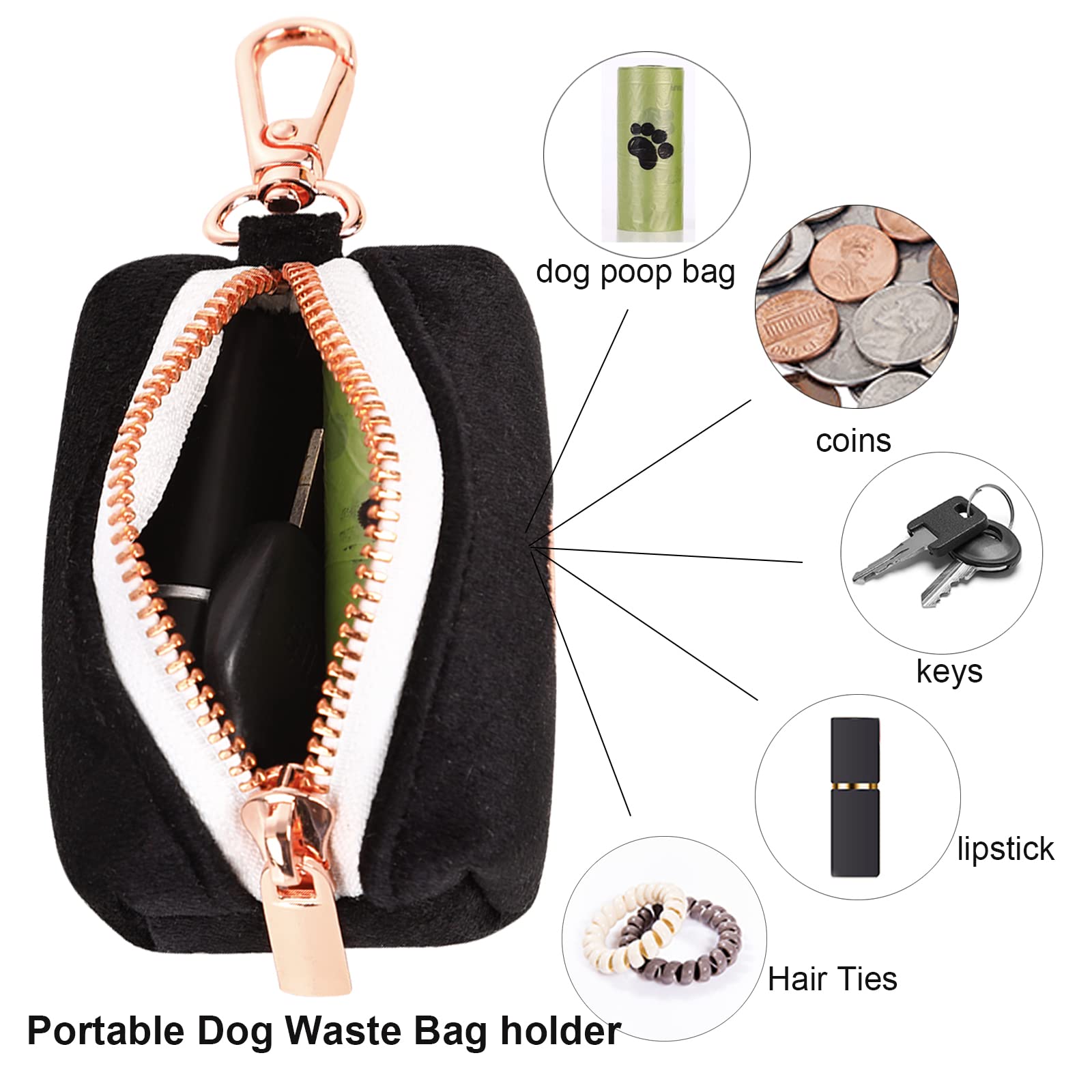 Aring Pet Dog Waste Bag Dispenser, Soft Black Doggy Poop Bags Holders Attach To Any Leashes, Velvet Portable Washable Pet Waste