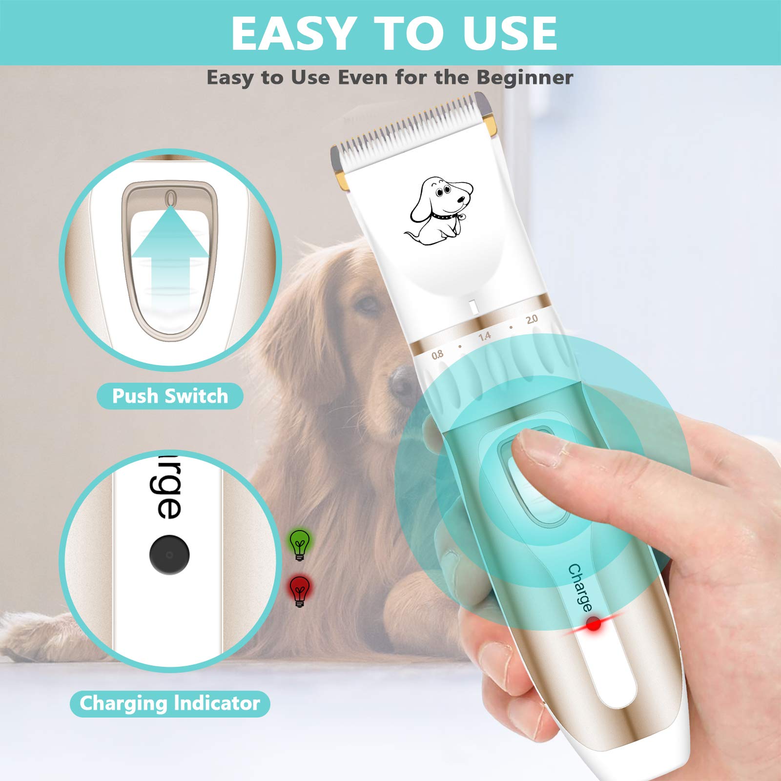 Maxshop Pet Grooming Clippers, Professional Quiet Rechargeable Cordless Pet Hair Clippers with Comb Guides Scissors Stainless St