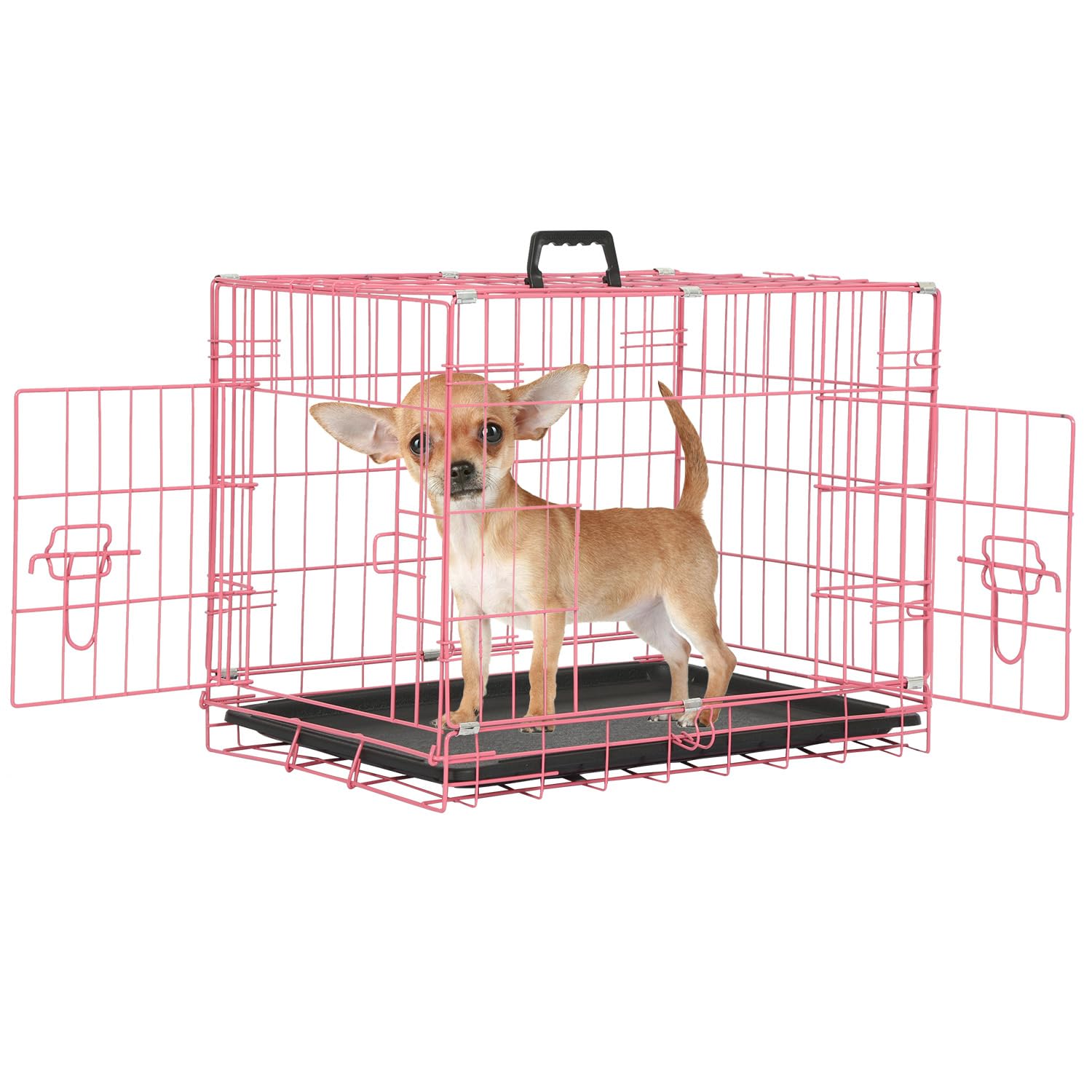 Wire Dog Crate 24 Inch Dog Kennel Cage, Double Door Folding Dog Cage, Wire Dog Kennel With Removable Tray, Indoor&Outdoor,Pink