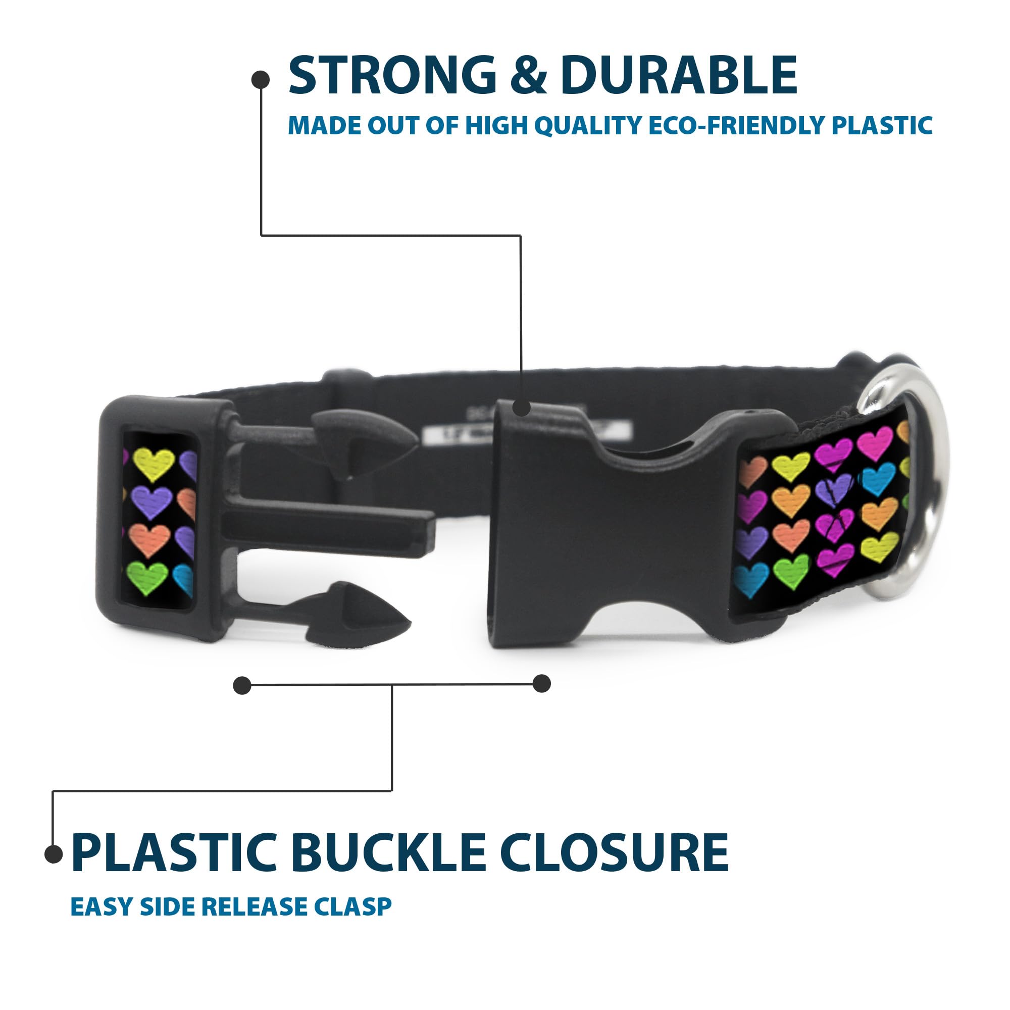 Buckle-Down Plastic Clip Collar - Mini Hearts Black/Multi Neon - 1.5 Wide - Fits 16-23 Neck - Medium