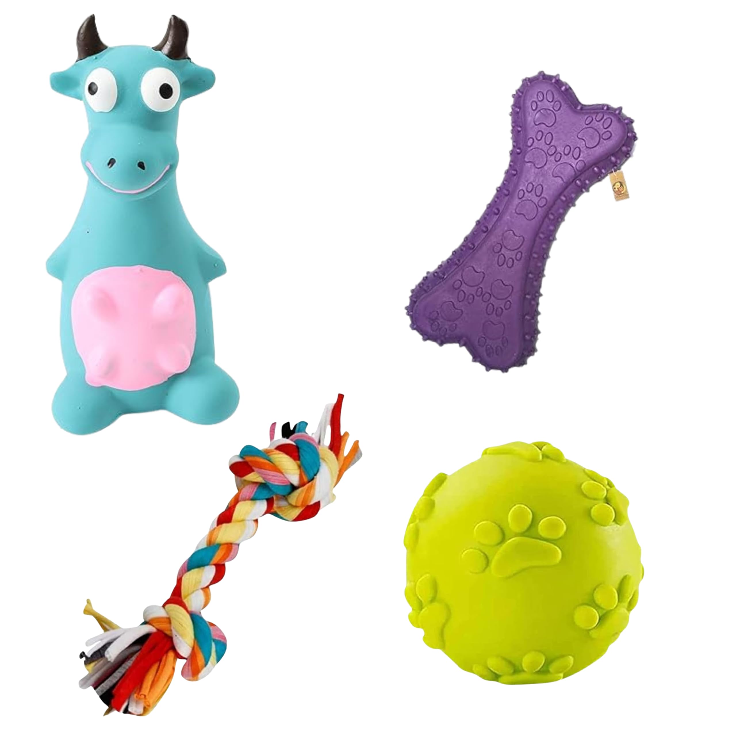 Foodie Puppies 4in1 Squeaky Chew Rope Dog Toys Combo  (Blue Bull + Claw Ball + Prickle Bone + 2Knot) Soft Rubber, Chewing, Teet