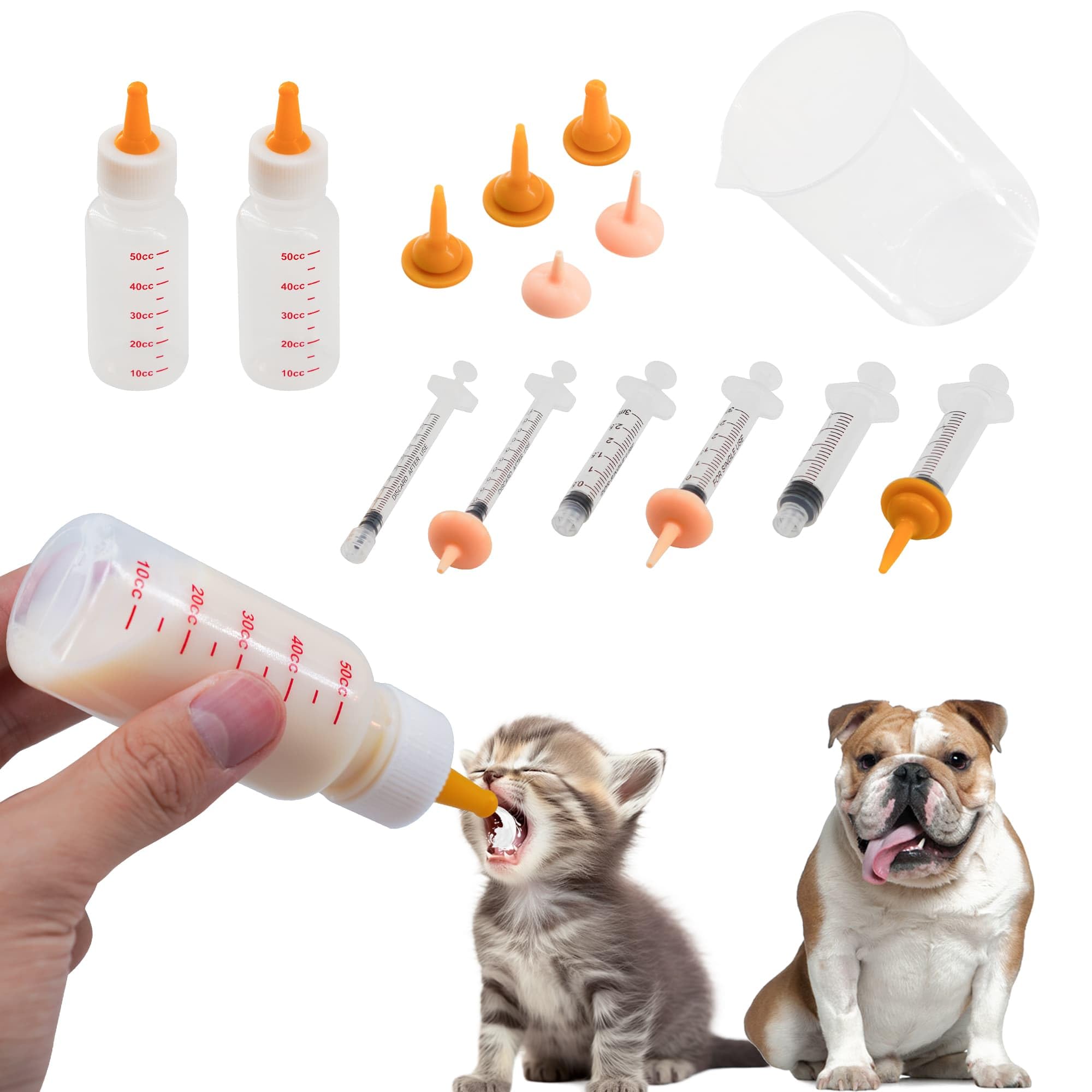 YeulYuuri Pet Feeding Bottle and Syringe Set for Puppies and Kittens(2 Bottles,6 Syringes,10 Nipples,1 Storage Measuring Cup)