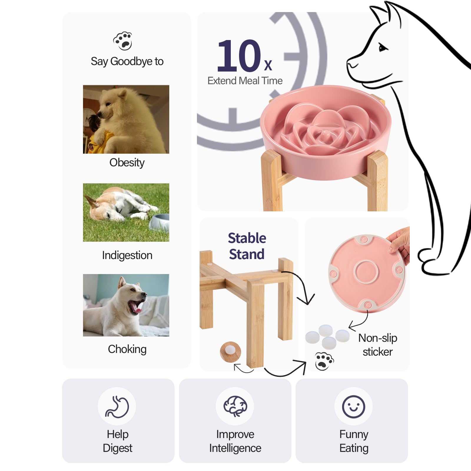 Pink Ceramic Dog Bowl Slow Feeder for Medium and Large Breed,Elevated/Raised 1.5 Cup 8.26 in Slow Feeding Bowl,Puzzle Dog Food B