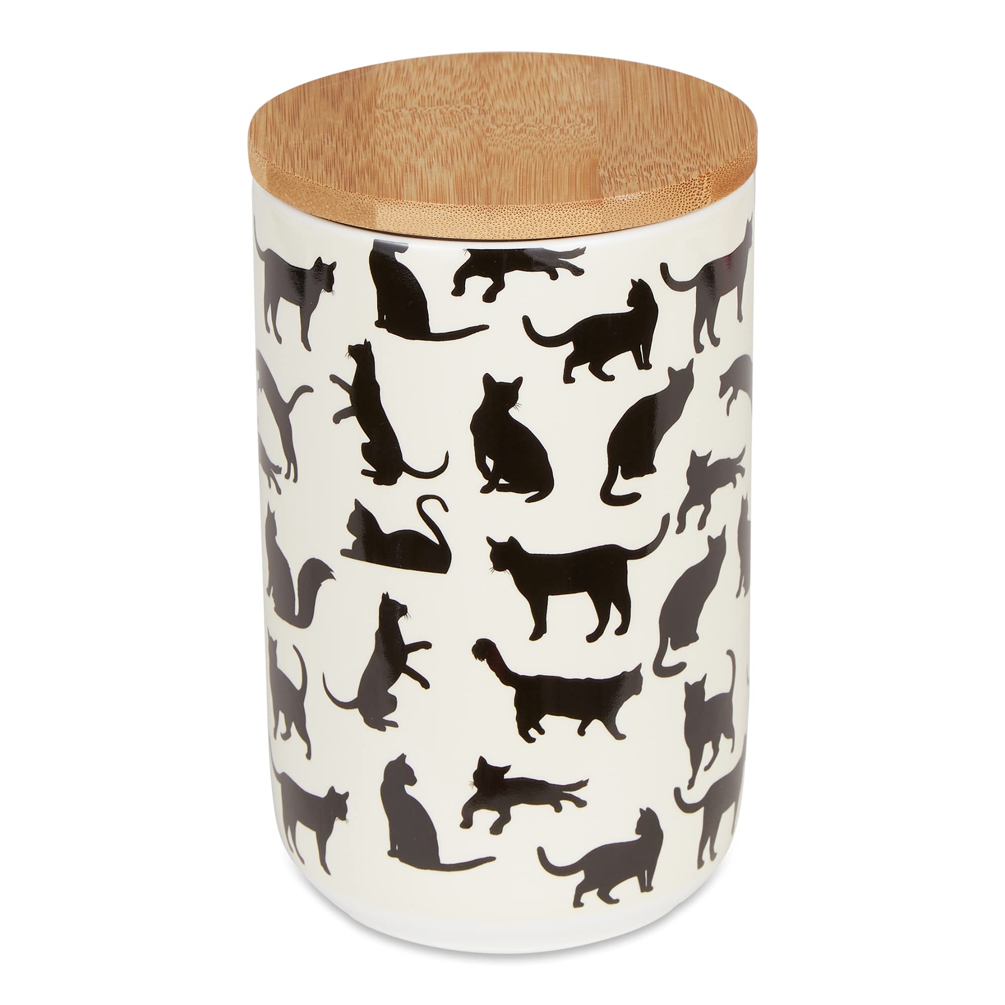 Bone Dry Ceramic Treat Jar for Cats and Dogs, Bamboo Lid, Dishwasher Safe Canister, 4x6.5, Black/White, Cat Treats
