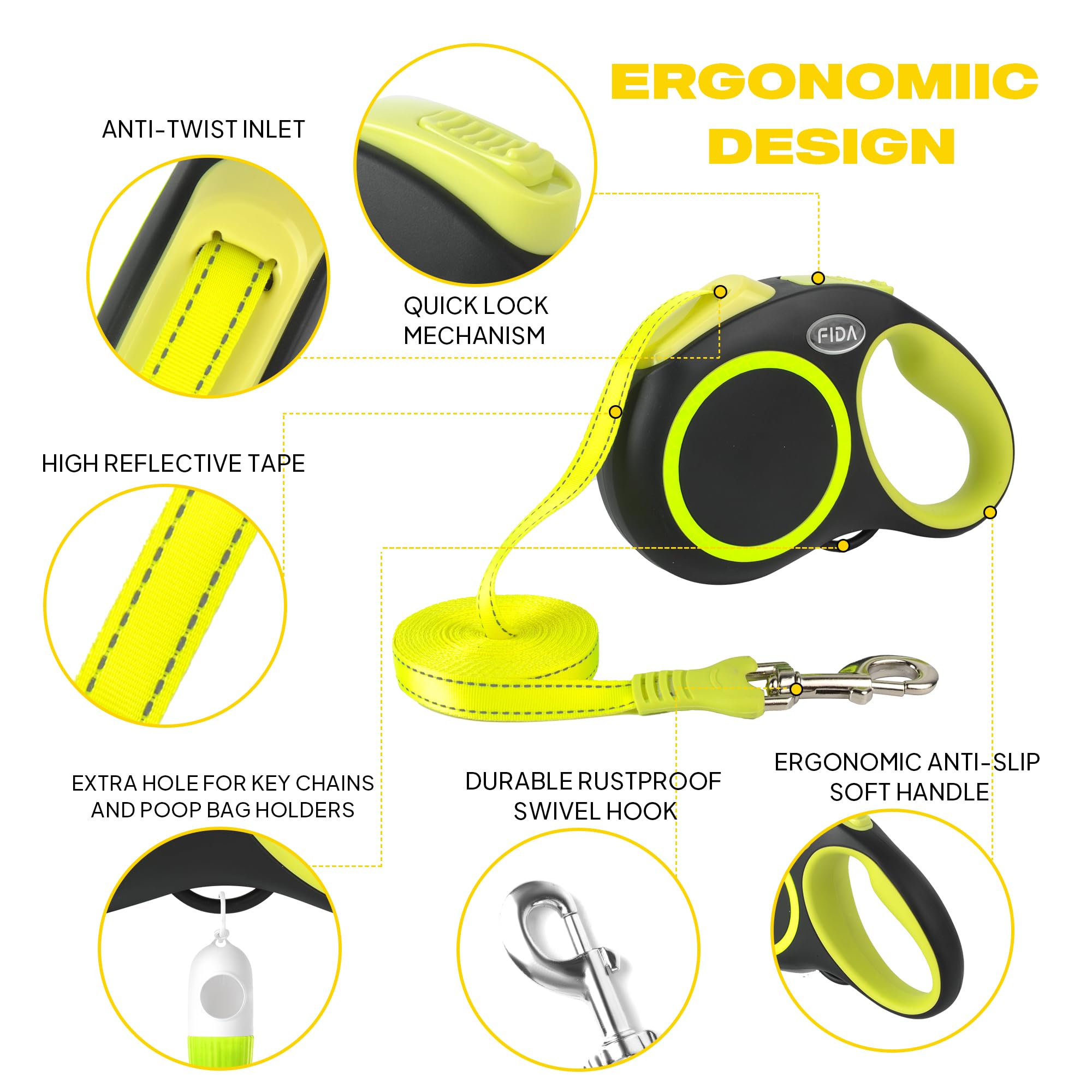Fida Retractable Dog Leash, Reflective 16Ft Heavy Duty Pet Walking Leash For Medium/Large Dog Up To 110 Lbs, Tangle Free. One-Hand Brake (Large, Neon Yellow)