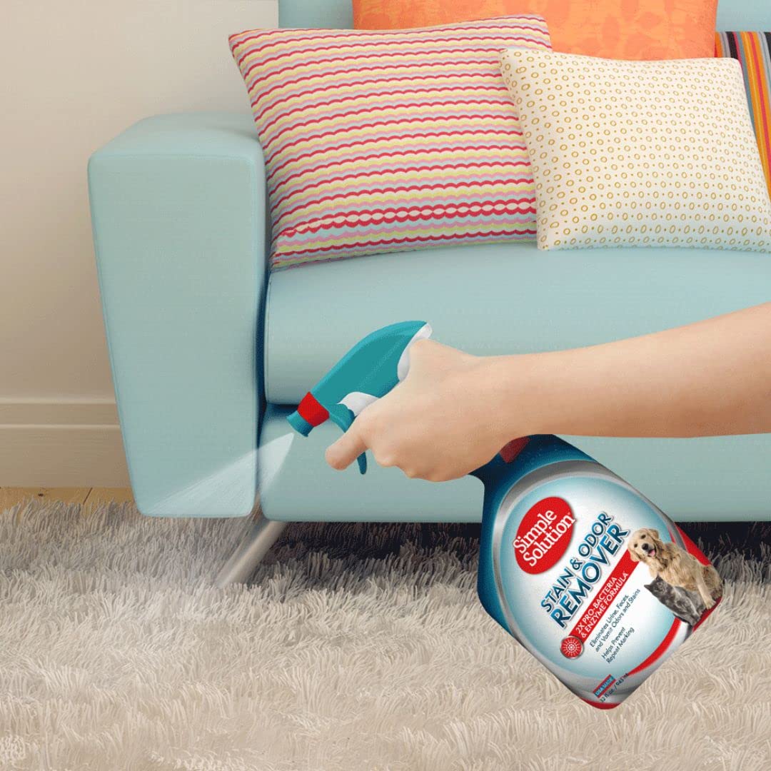 Simple Solution Stain And Odor Eliminator Spray For Dogs & Cats, Enzyme Cleaner With 2X Pro-Bacteria Cleaning Power, Strong Smell Remover For Carpets, Upholstery & Floors, 32 Oz