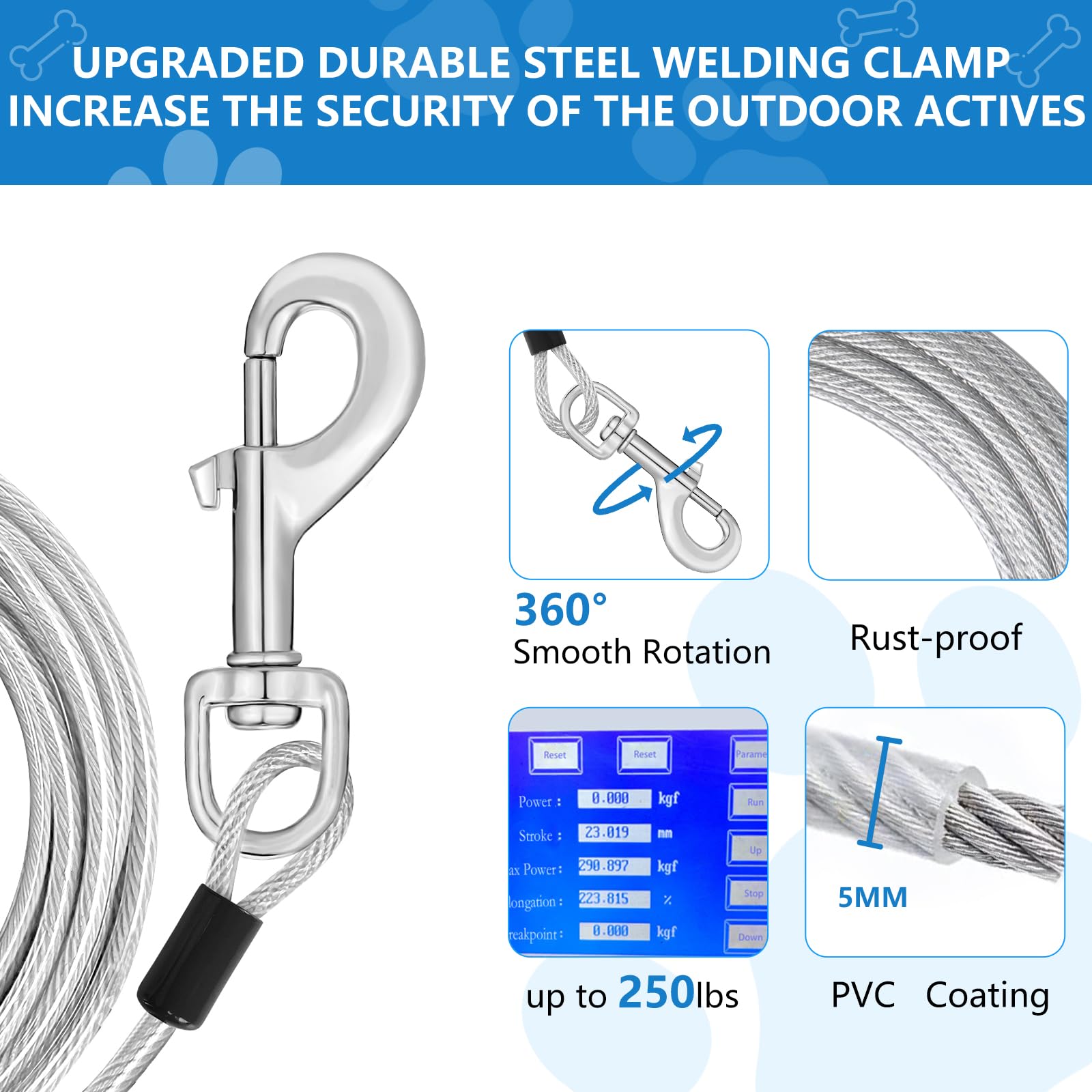 15Ft Tie Out Cable For Large Dogs Up To 250 Pounds Heavy Duty, Dog Runner For Yard And Camping, Silver