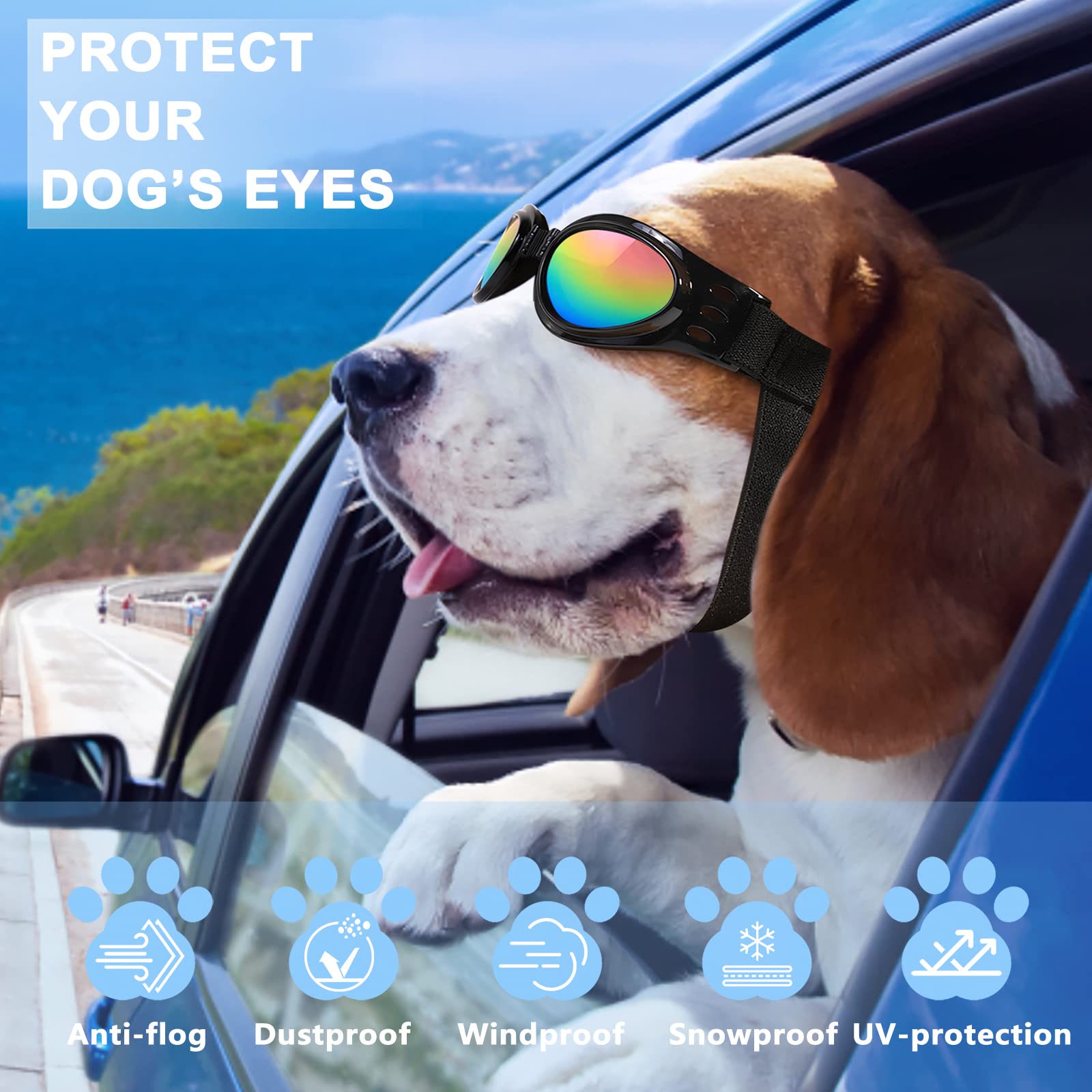 Qumy Dog Sunglasses Dog Goggles For Medium Large Breed Dogs, Wind Dust Fog Protection Eye Wear Pet Glasses With Adjustable Strap For Motorcycle Car Driving Bike Riding Hiking Swimming Over 15Lbs Blue