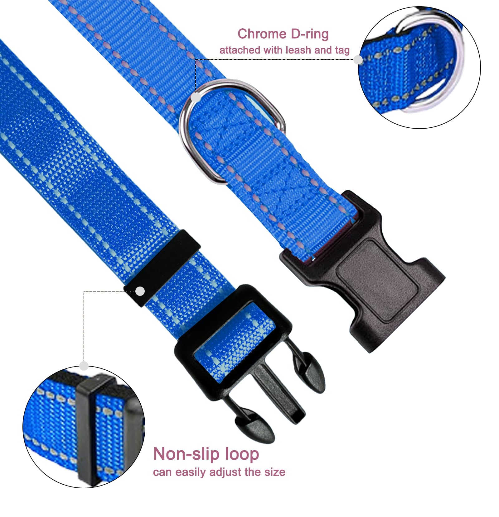 Medium Dog Collar, Reflective Pet Collar With Buckle Adjustable Safety Nylon Collars For Small Medium Large Dogs, Blue