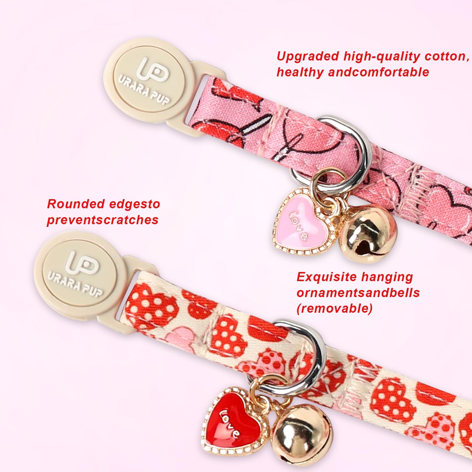 Up Urara Pup Cat Collar, 2Pack Valentine'S Day Cat Collars-Cute Breakaway Cat Collar With Bell & Pendant, Sweet Heart Kitten Col