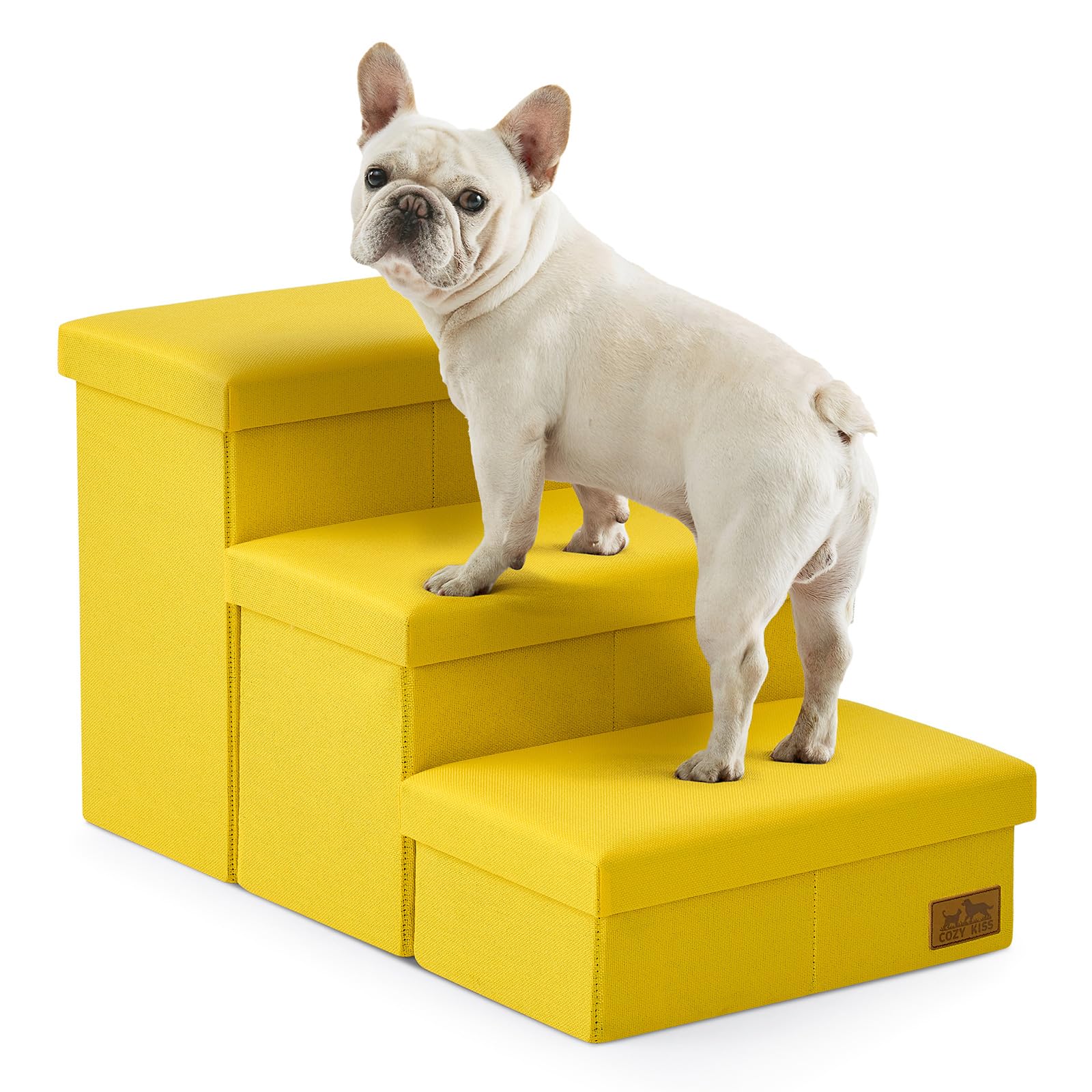 Dog Stairs with Storage, 3-Step Wider Sturdy Dog Steps for Small/Medium/Large Dogs and Older Cats, Folding Doggie Ramp for Bed/C