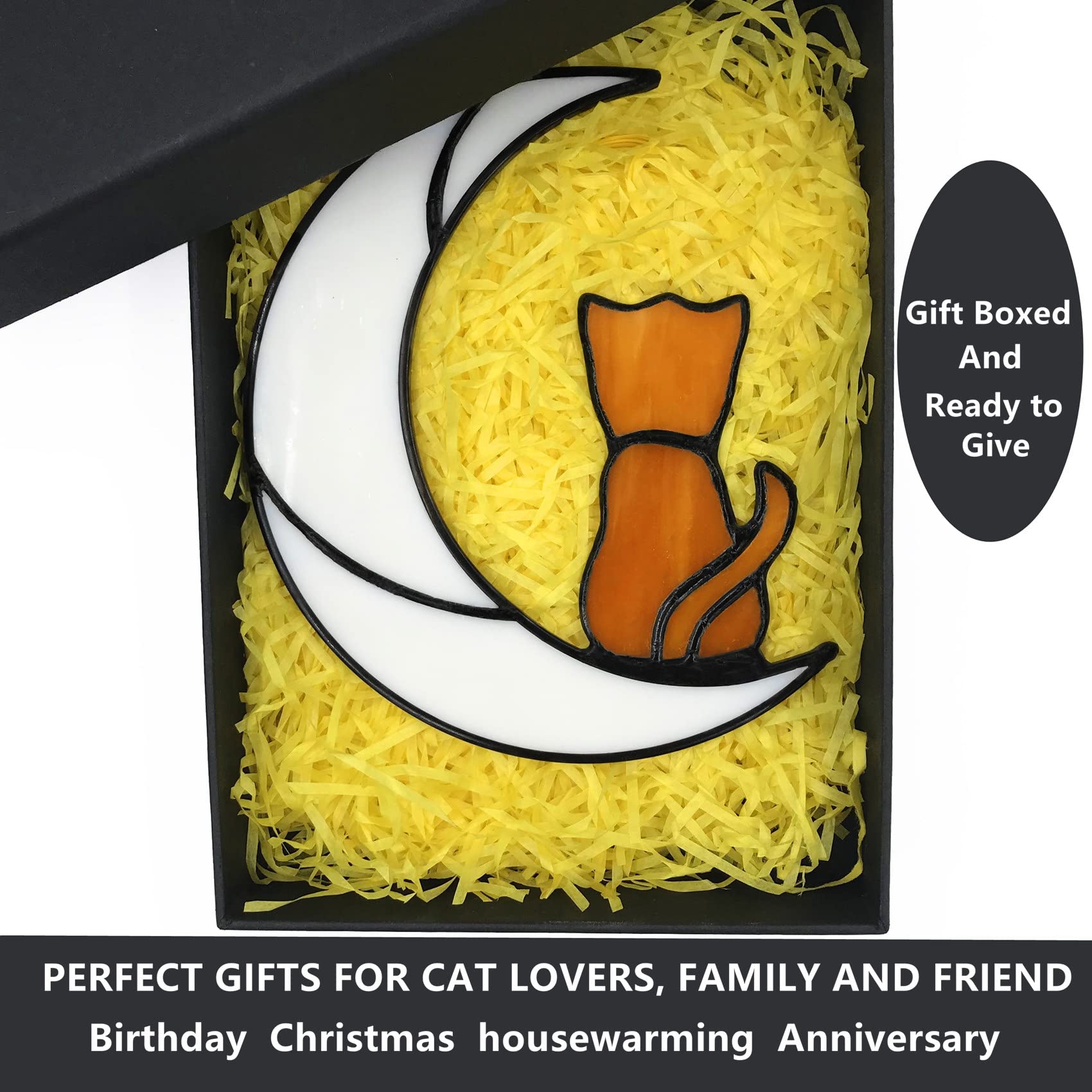 Lcensp Orange Cat Glass Ornament For Cat Lovers, Tabby Cat Memorial Gift, Hanging Cat Suncatcher Decor For Window, White Moon De