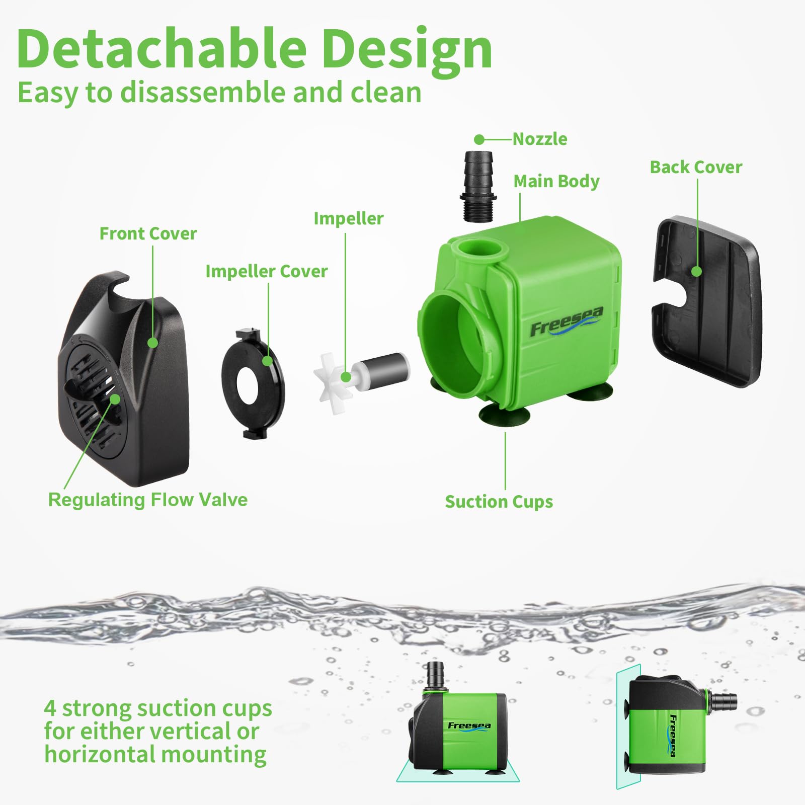 FREESEA Submersible Aquarium Fountain Pump: 400GPH 25W Adjustable Ultra Quiet Small Fish Tank Water Pump with 5ft Tubing for Out