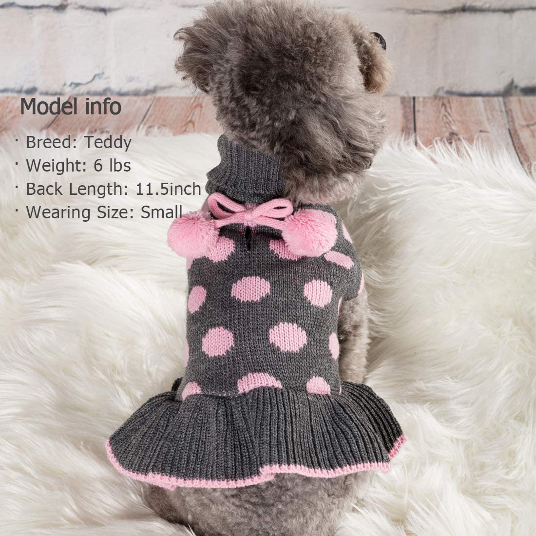 Kyeese Dog Sweaters With Leash Hole Small Turtleneck Dog Sweater Dress For Girl Polka Dot Knit Warm Pet Clothes With Pom Pom Bal