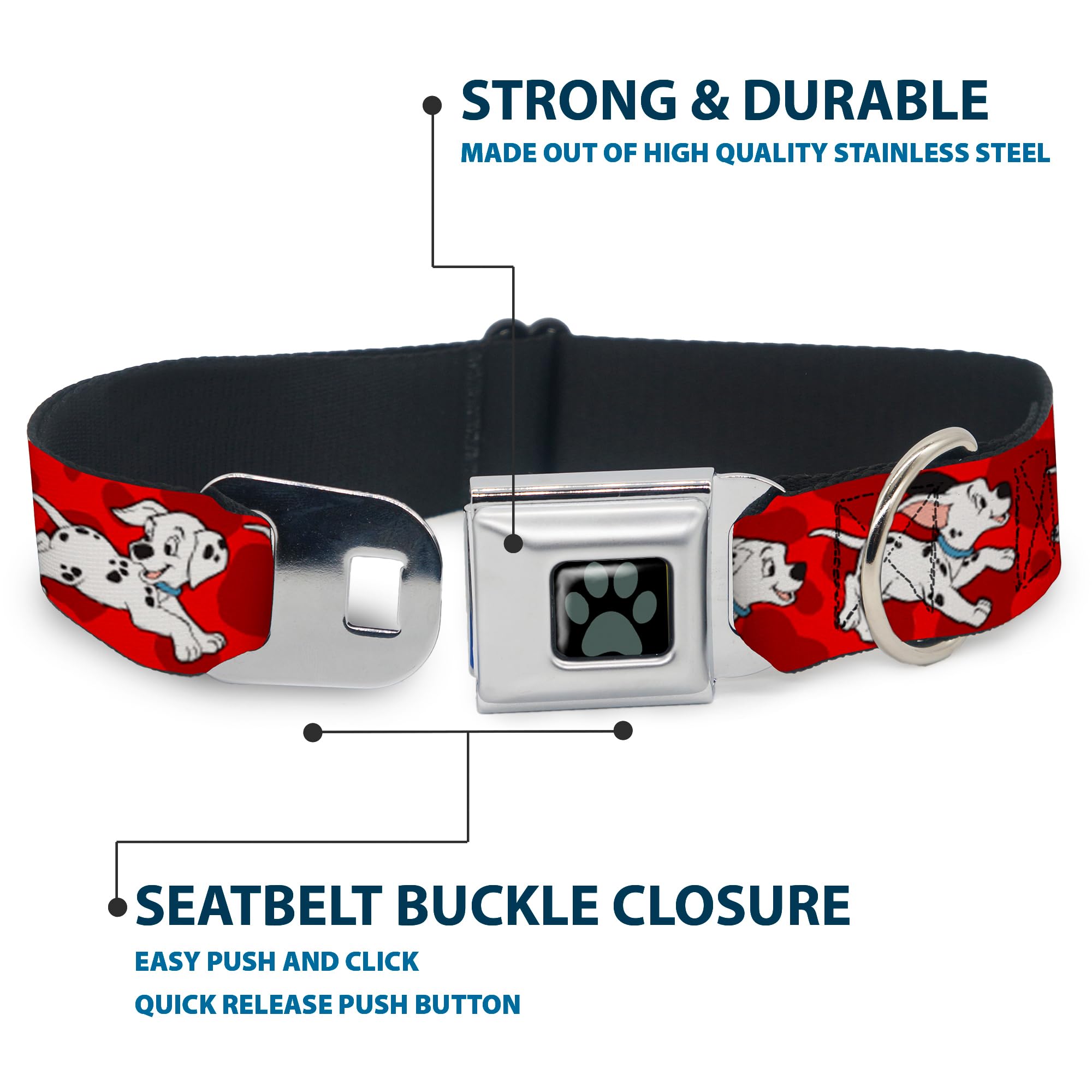 Buckle-Down Seatbelt Buckle Dog Collar - Dalmatians Running/Paws Reds/White/Black - 1' Wide - Fits 9-15' Neck - Small