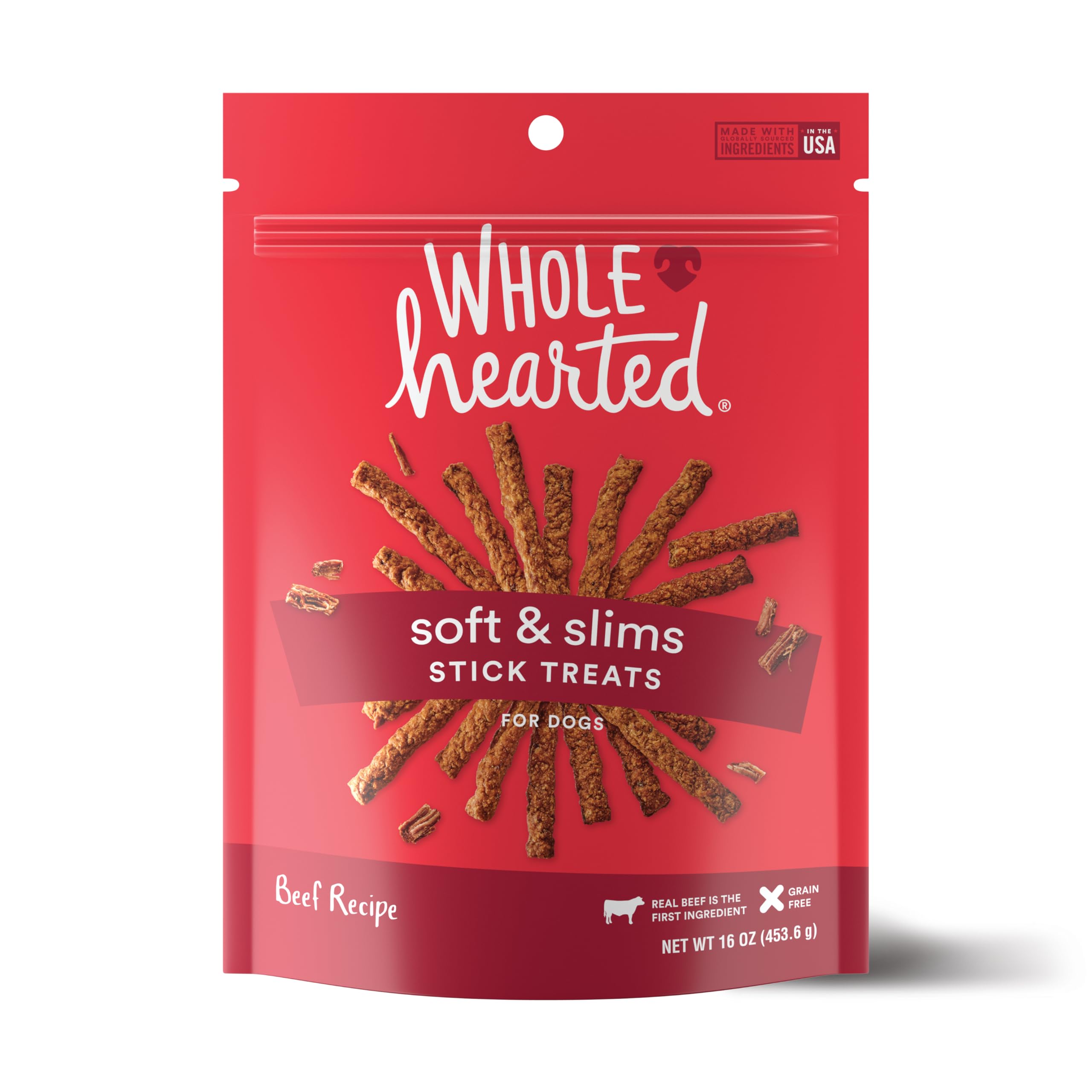 WholeHearted Grain Free Soft and Chewy Beef Recipe Dog Stick Treats 16 oz