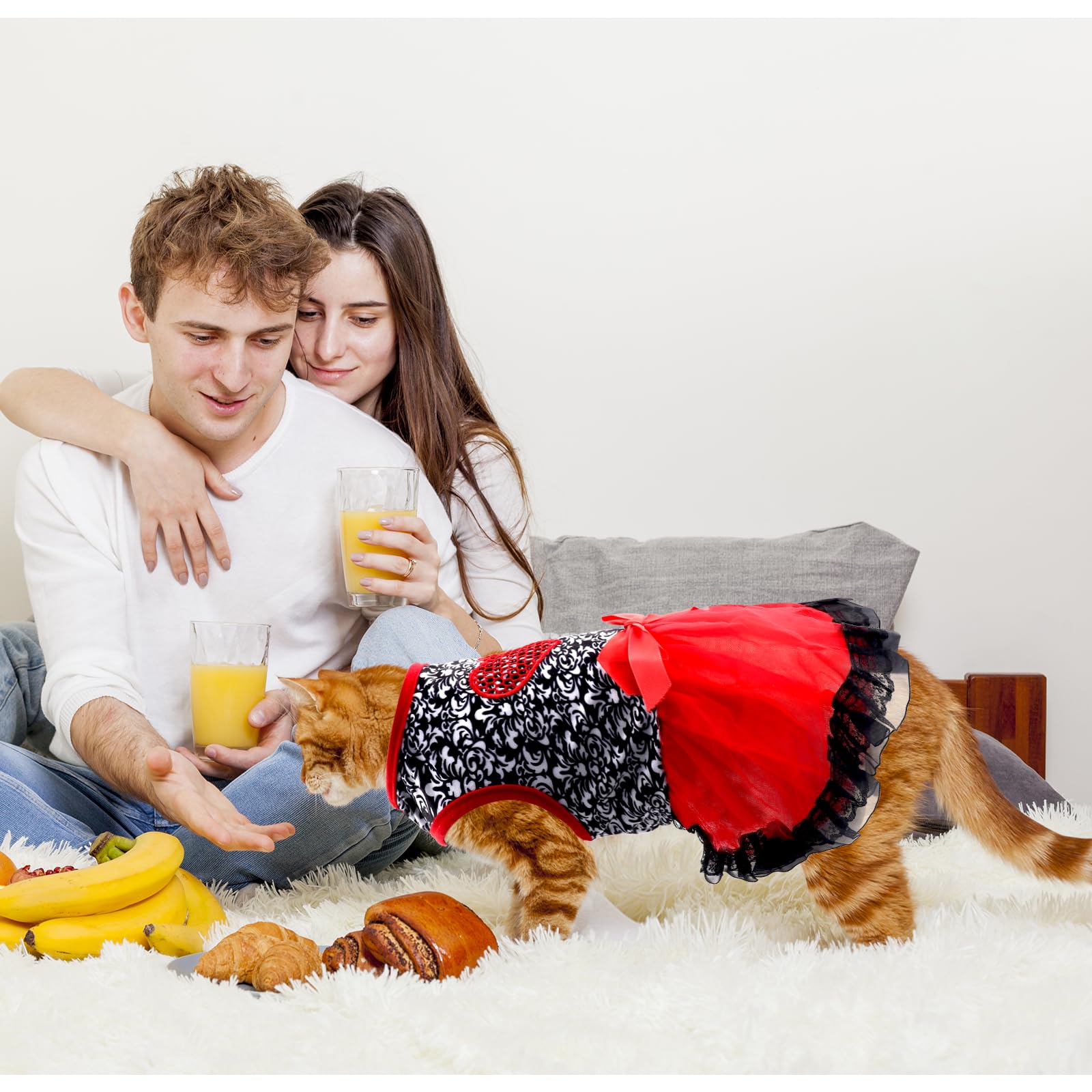 Dog Costume Dress S, Black Floral Top With Red Tulle Skirt And Bow, Glitter Heart Pet Outfit For 6-7 Lbs Dogs And Cats, Holiday