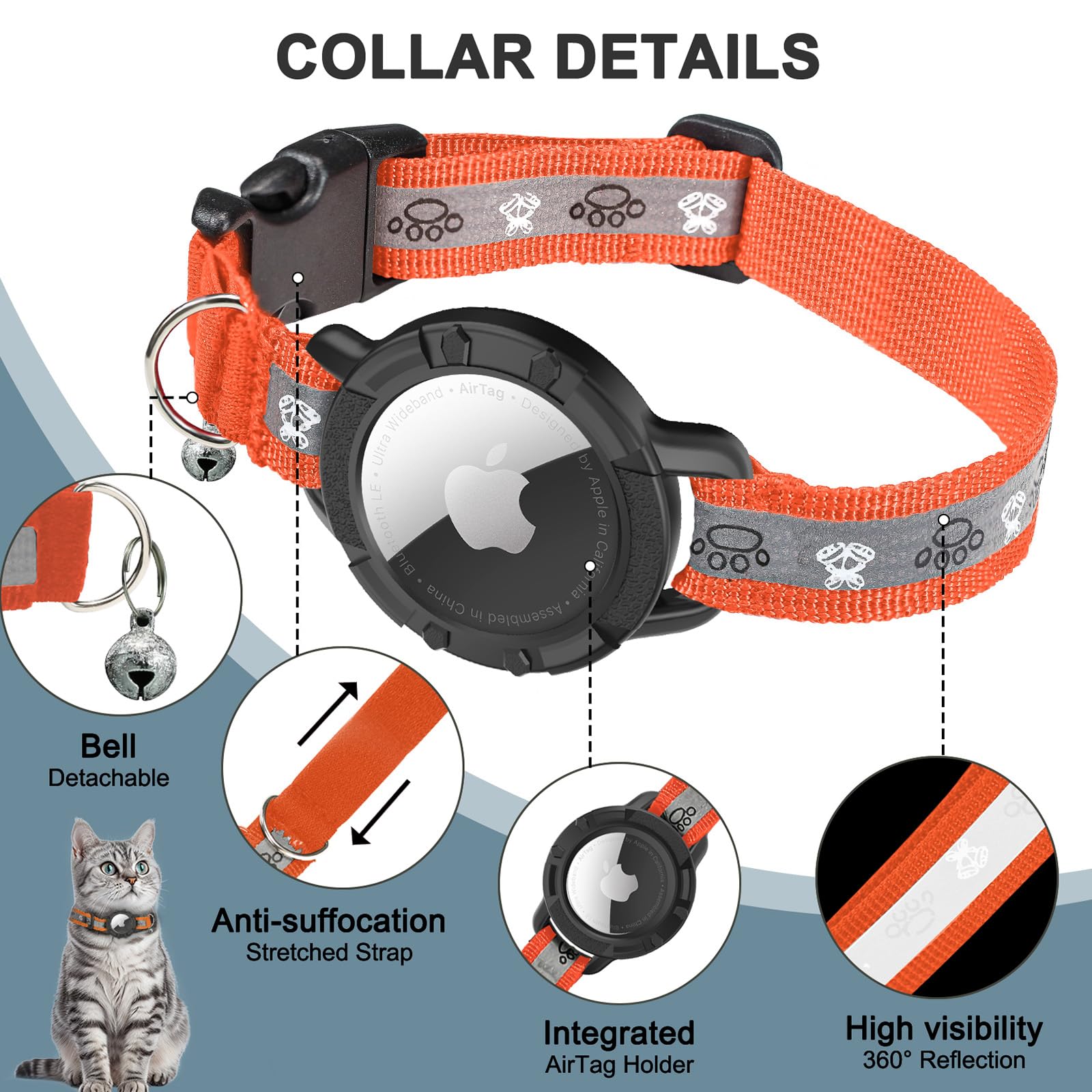 Reflective Airtag Cat Collar, Integrated Cat Tracker Collar With Air Tag Holder And Bell, Safety Elastic Band Cat Gps Collars For Girl Boy Cats, Kittens And Puppies (Orange,Xs)