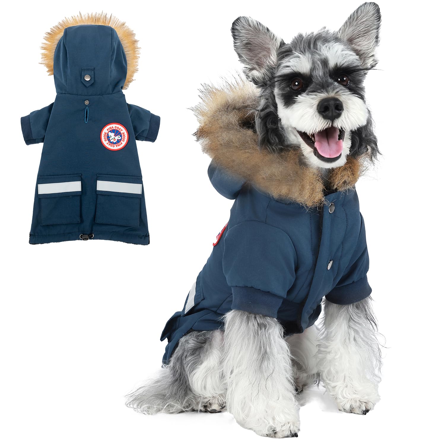 PINA Small Dog Coats - Waterproof, Warm Winter Jacket with Faux Fur Hood, Reflective, Flannel Lined, Windproof, Pocket